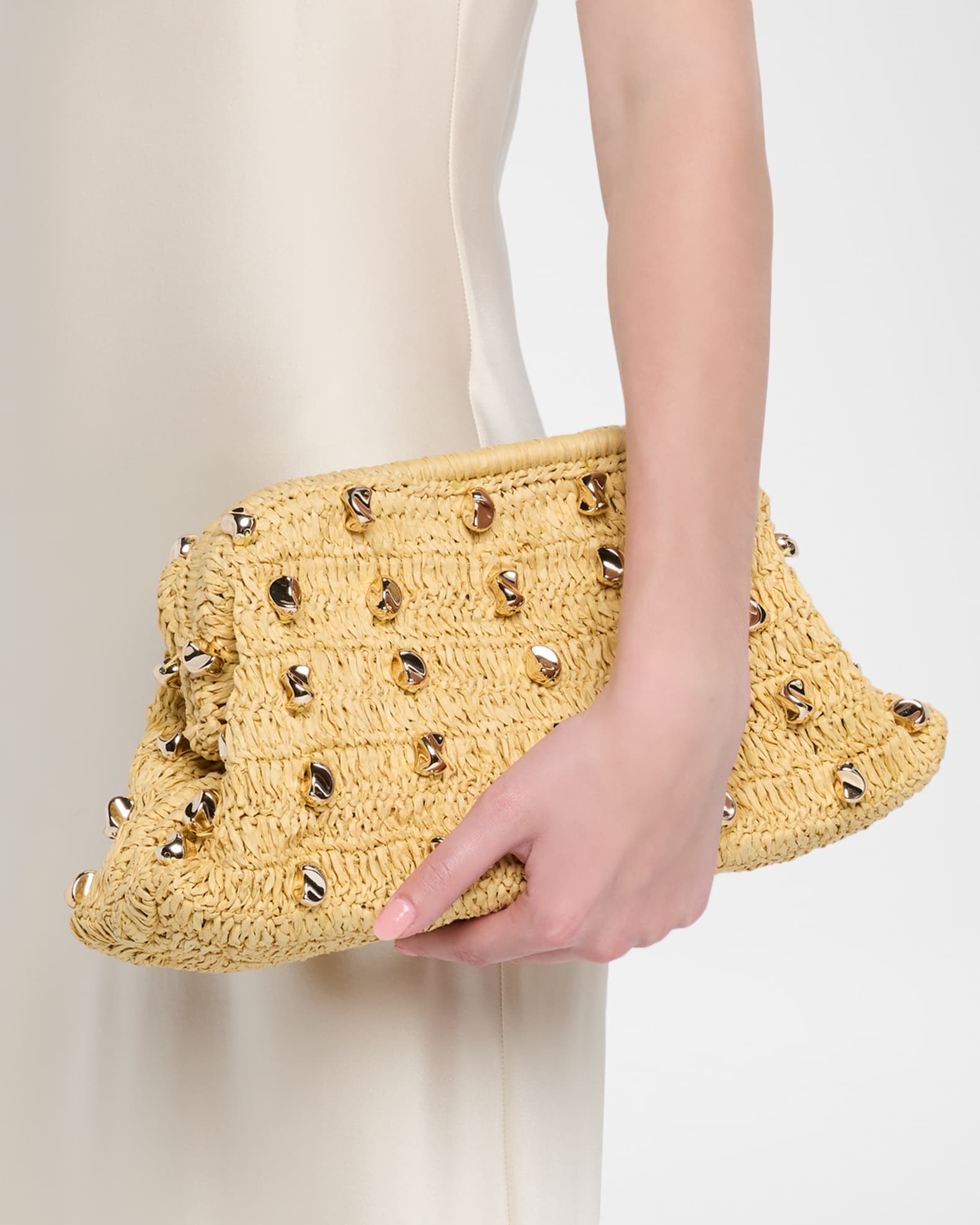 BTB Los Angeles Gaila Studded Raffia Clutch Bag | Neiman Marcus