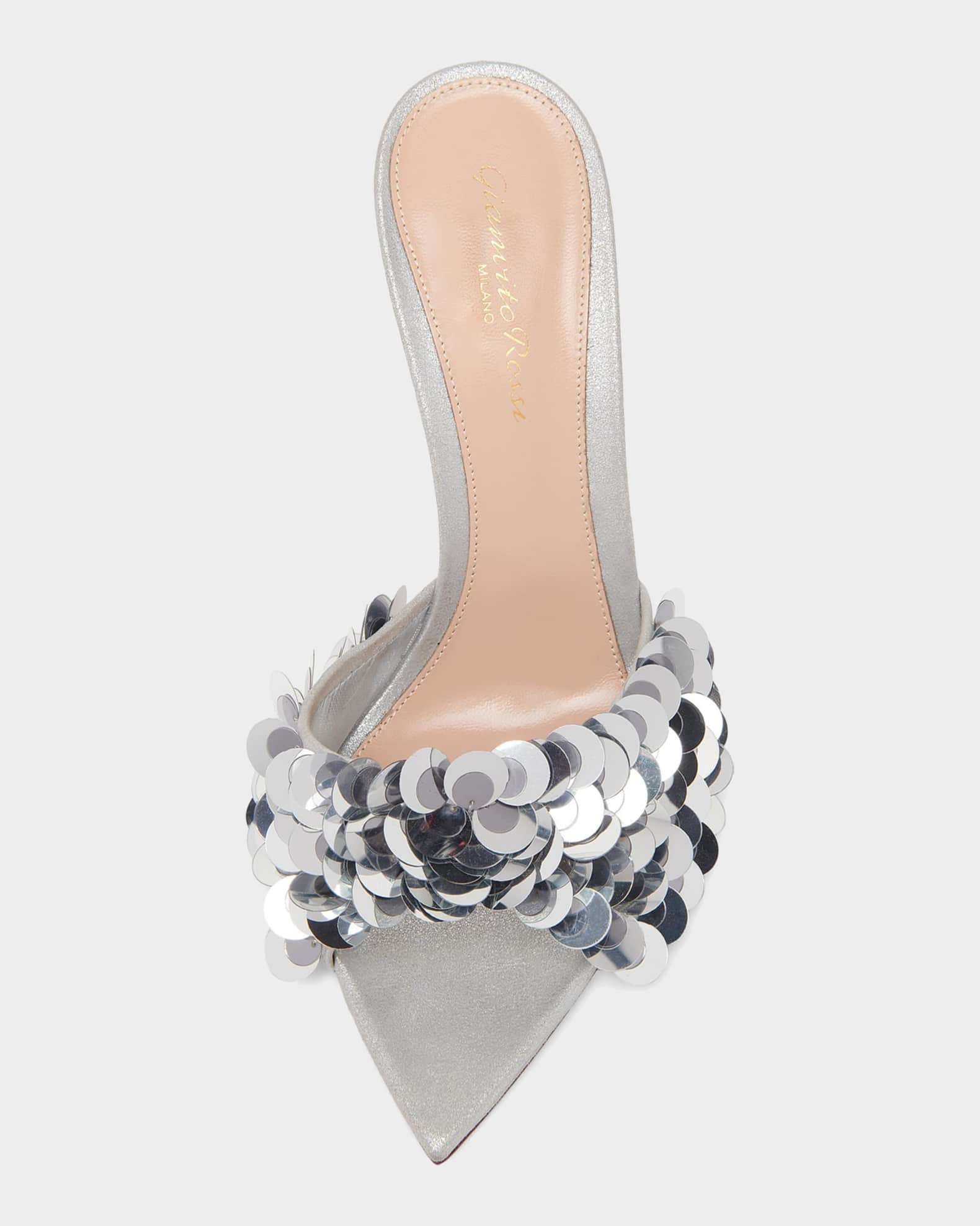 Gianvito Rossi ALISE シルバーミュール Gianvito Rossi 85mm Sequined Suede Mule Sandals | Neiman Marcus