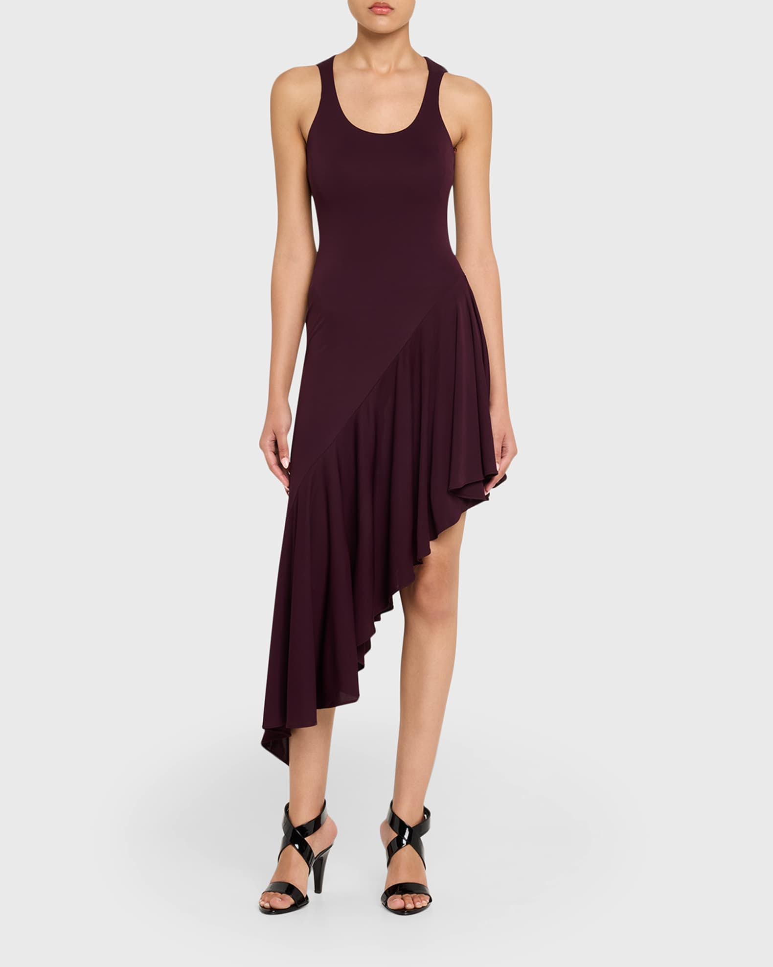 ALAIA Asymmetric Ruffle Jersey Sleeveless Midi Dress | Neiman Marcus