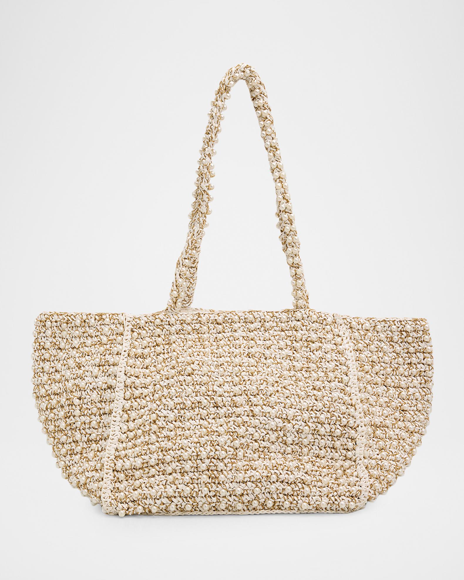 BTB Los Angeles Metallic Pearl-Embellished Raffia Tote Bag  display picture 2