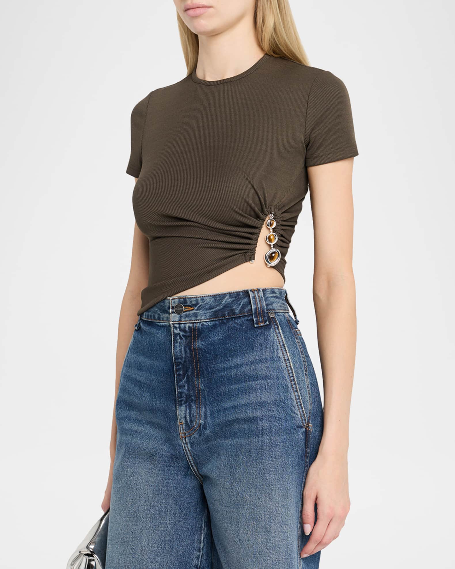 Christopher Esber Crystal Droplet Cutout Short-Sleeve Crop Top