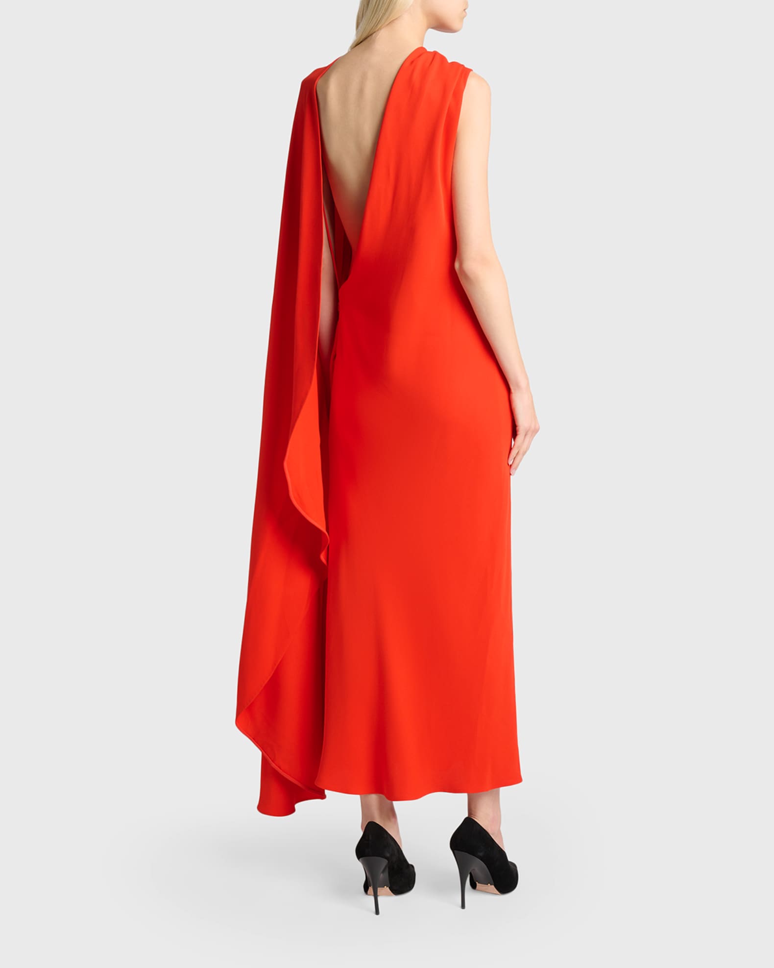 balenciaga orange dress Balenciaga Silk-Wool Draped Cape Midi Dress, Sunset Red, Women's, 36, Casual & Work Dresses Wool Dresses