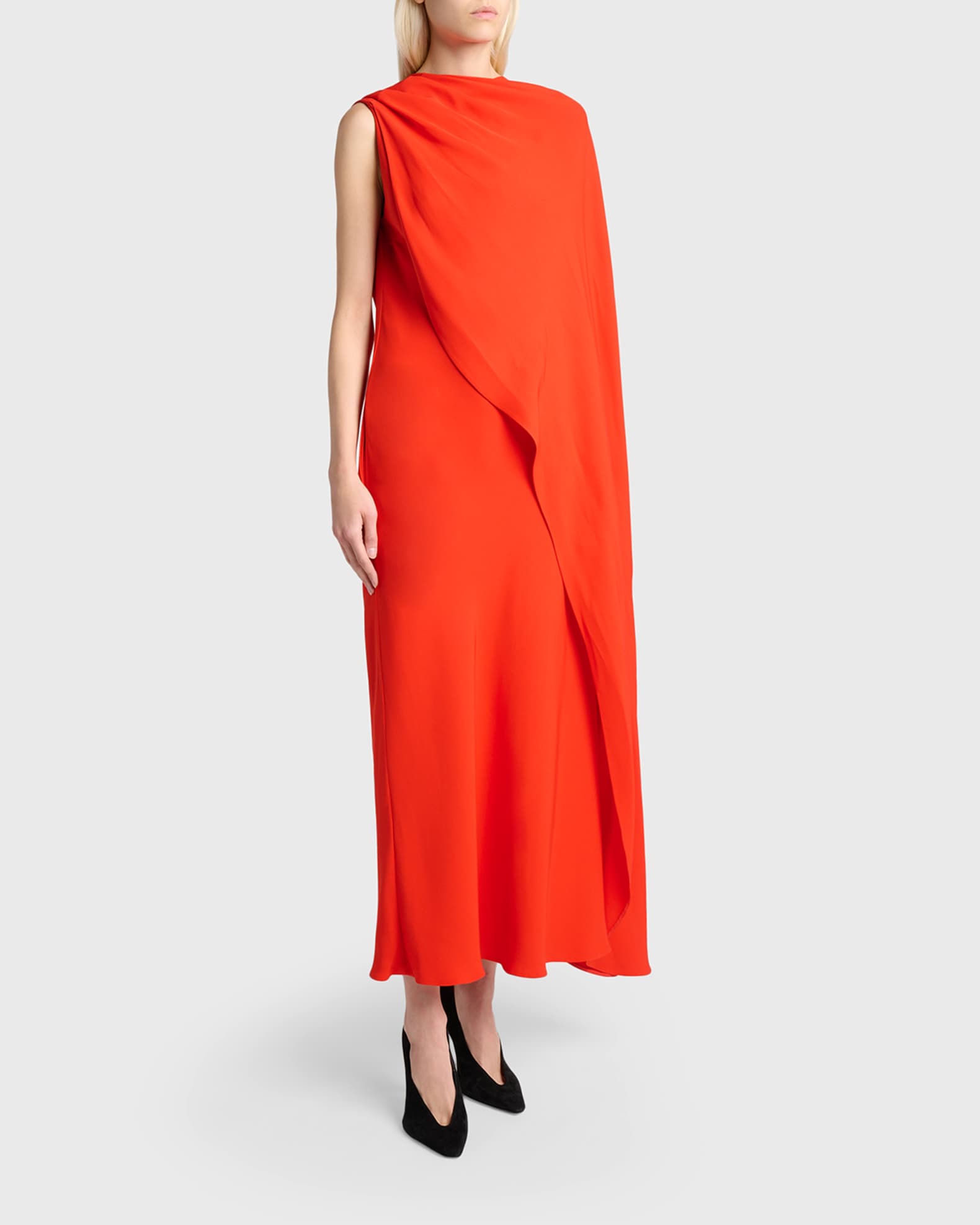 Balenciaga Silk-Wool Draped Cape Midi Dress | Neiman Marcus