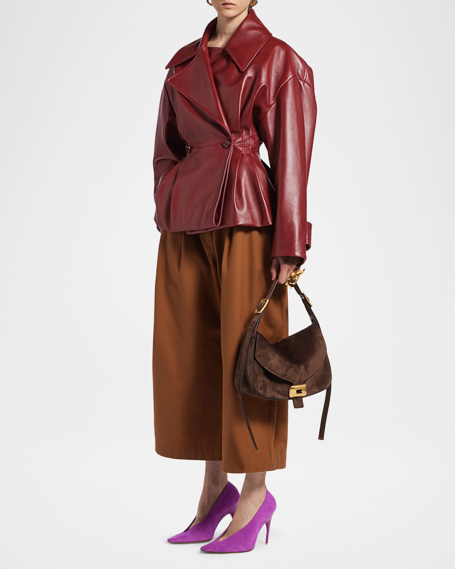 Balenciaga Pleated Leather Short Peplum Trench Coat | Neiman Marcus