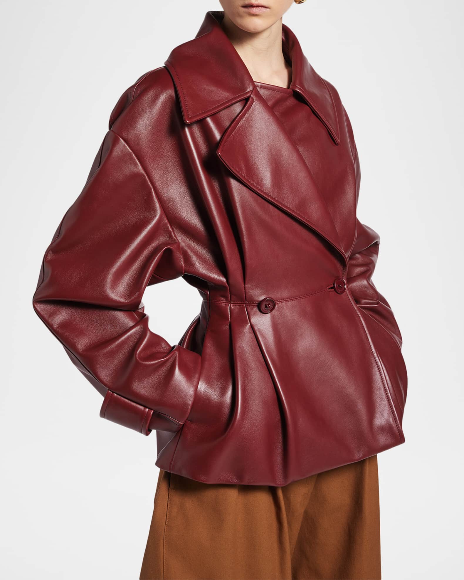 Balenciaga Pleated Leather Short Peplum Trench Coat | Neiman Marcus