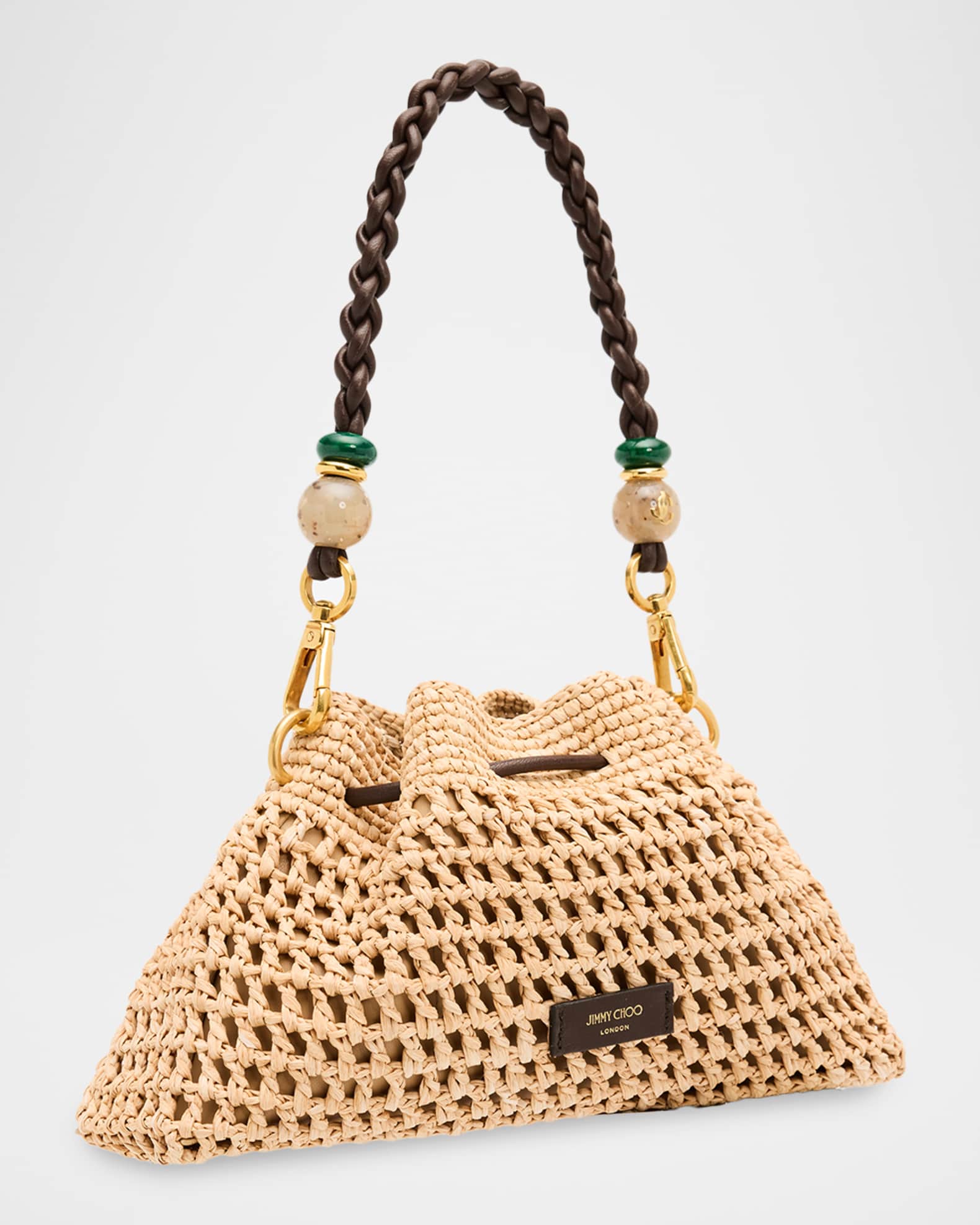 Jimmy Choo Cinch Small Raffia & Leather Shoulder Bag | Neiman Marcus