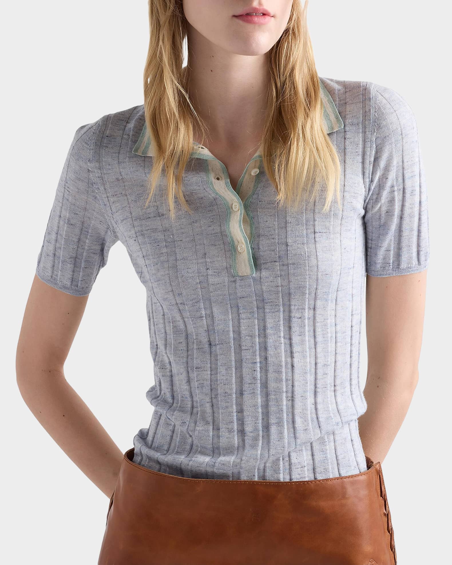 Prada Cashmere Silk Linen Rib Polo Sweater | Neiman Marcus