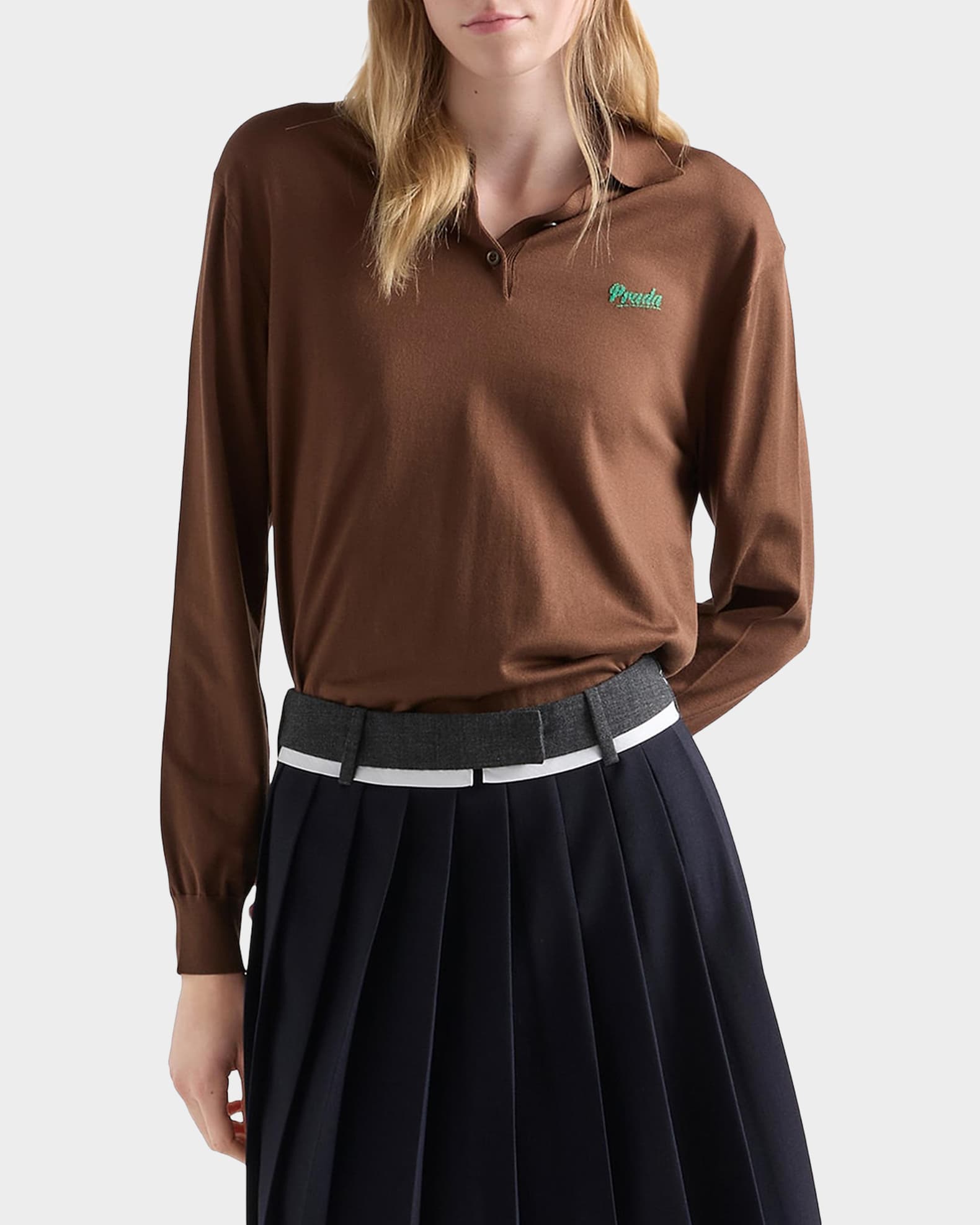 PRADA コットンシルク 長袖ポロシャツ M 2025SS Prada Silk Knit Long-Sleeve Polo Shirt | Neiman Marcus