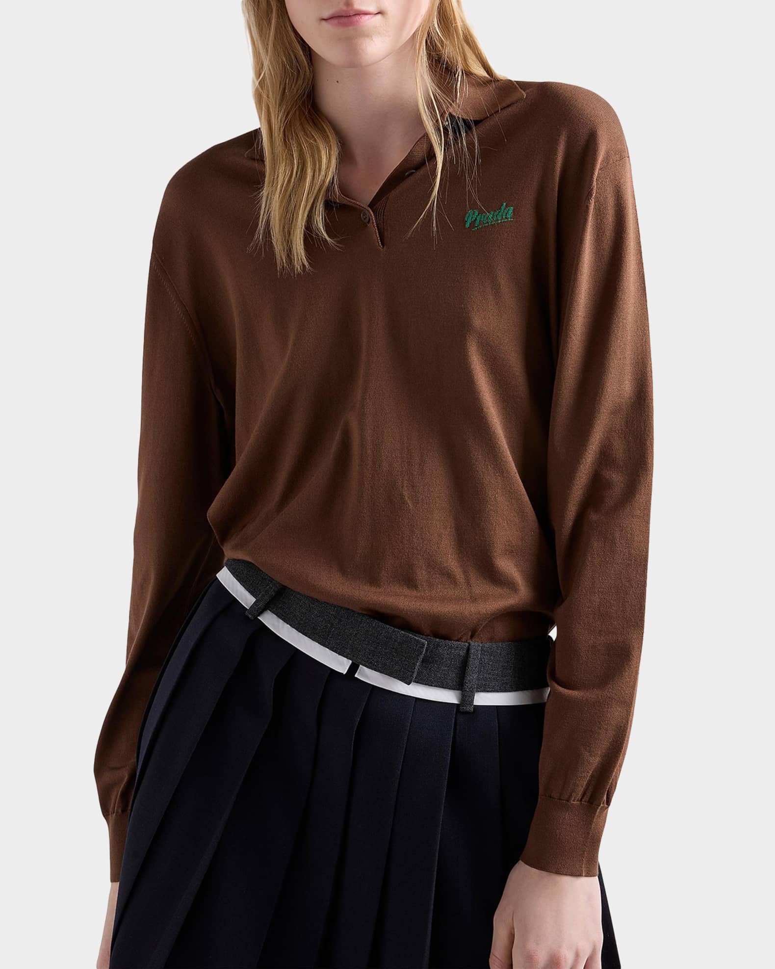 PRADA コットンシルク 長袖ポロシャツ M 2025SS Prada Silk Knit Long-Sleeve Polo Shirt | Neiman Marcus
