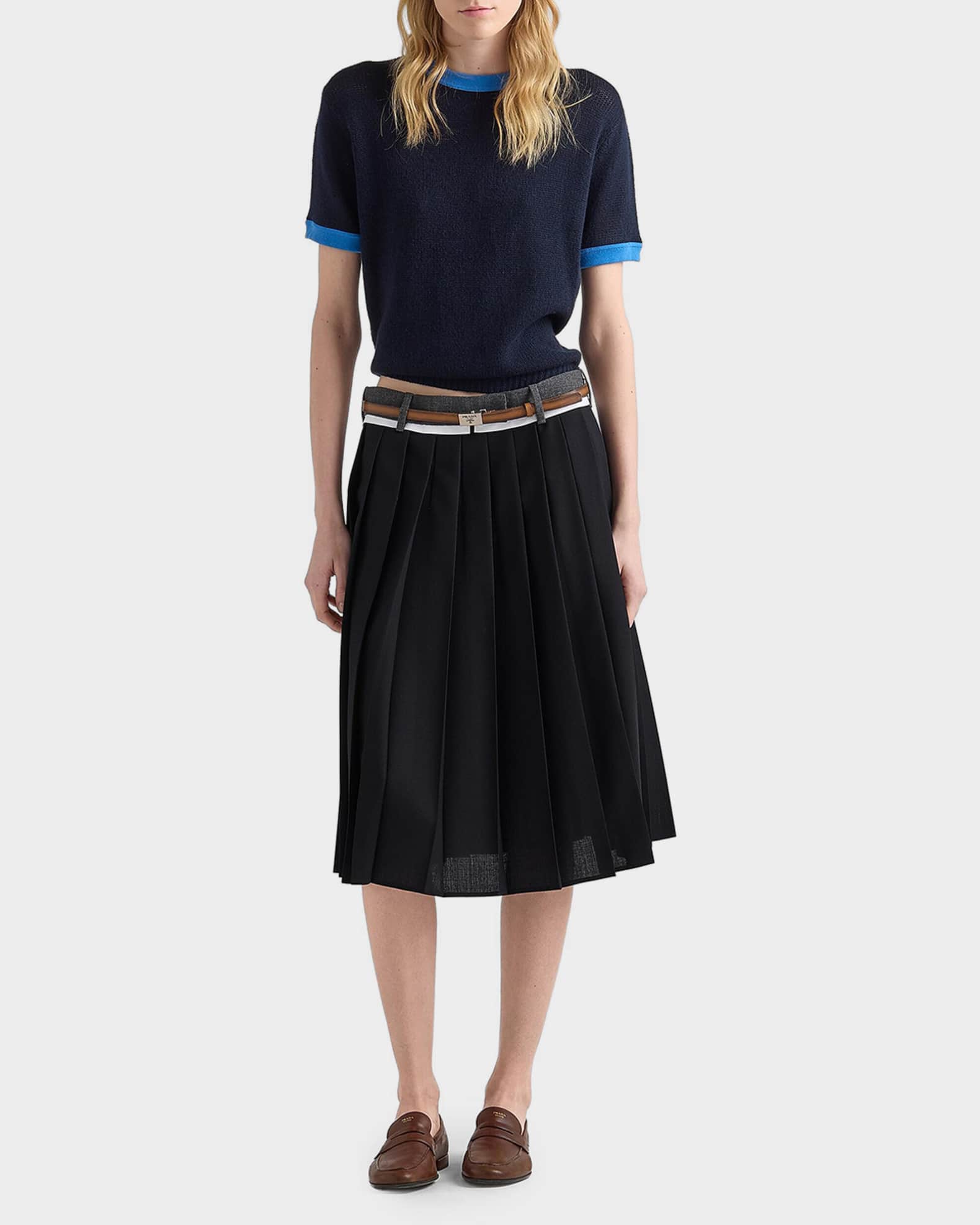 Prada Pleated Rush Stitch Midi Skirt | Neiman Marcus
