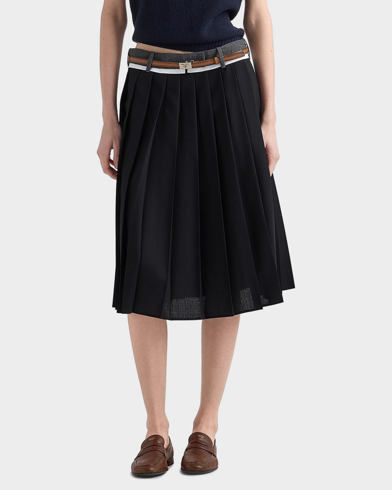 Prada Pleated Rush Stitch Midi Skirt | Neiman Marcus