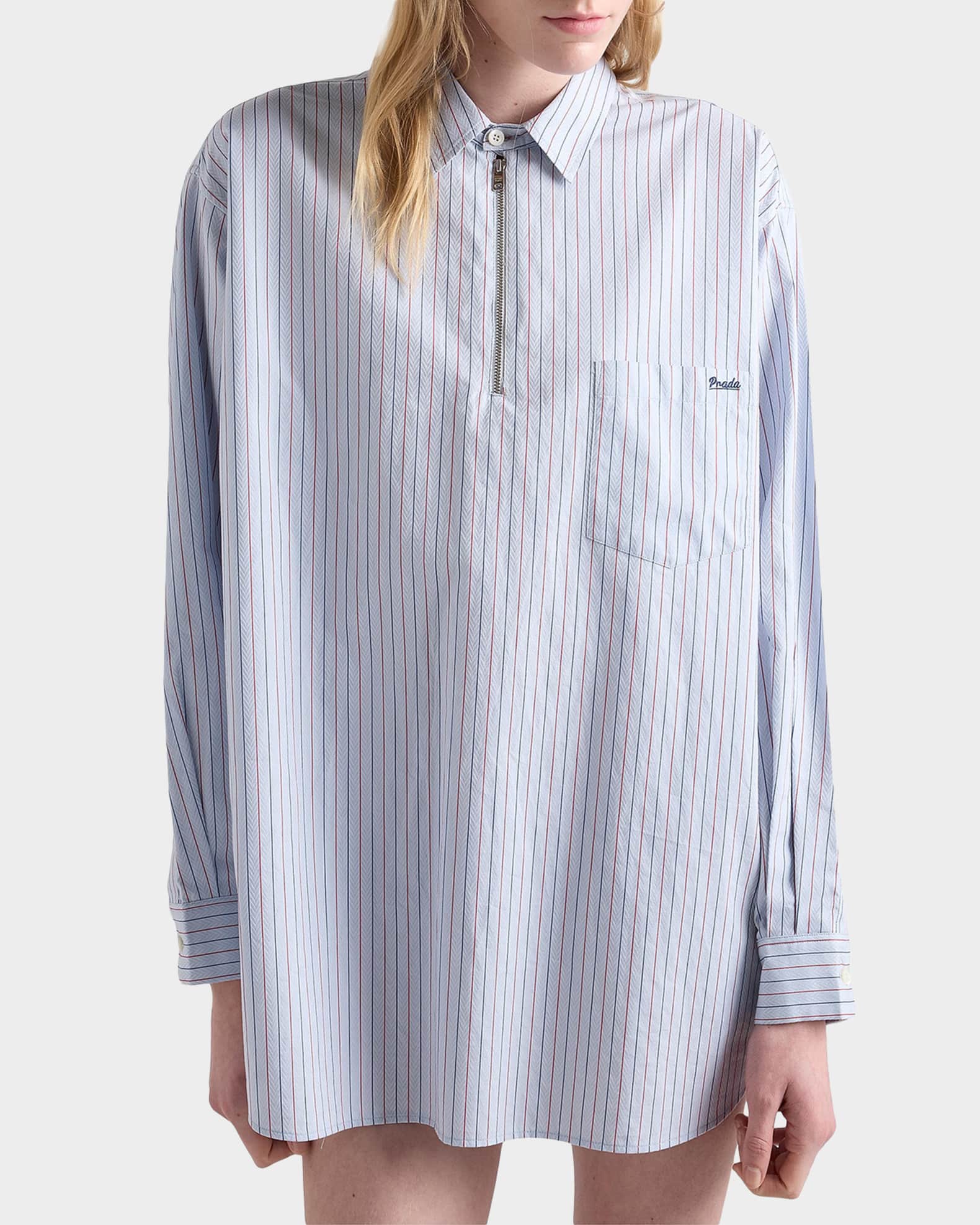 Prada Striped Herringbone Cotton Half-Zip Shirt | Neiman Marcus