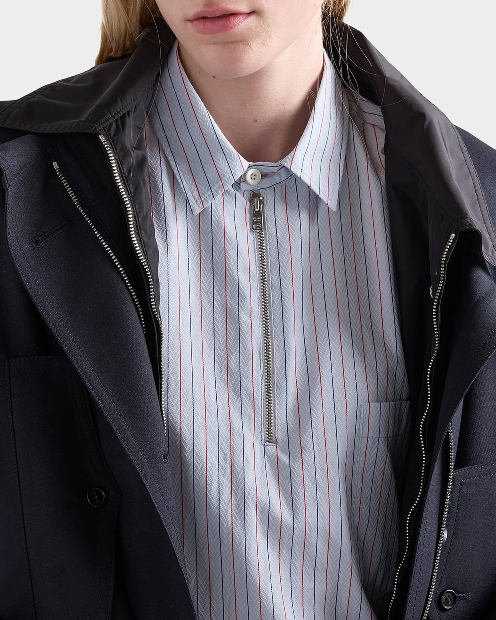 Prada Striped Herringbone Cotton Half-Zip Shirt | Neiman Marcus