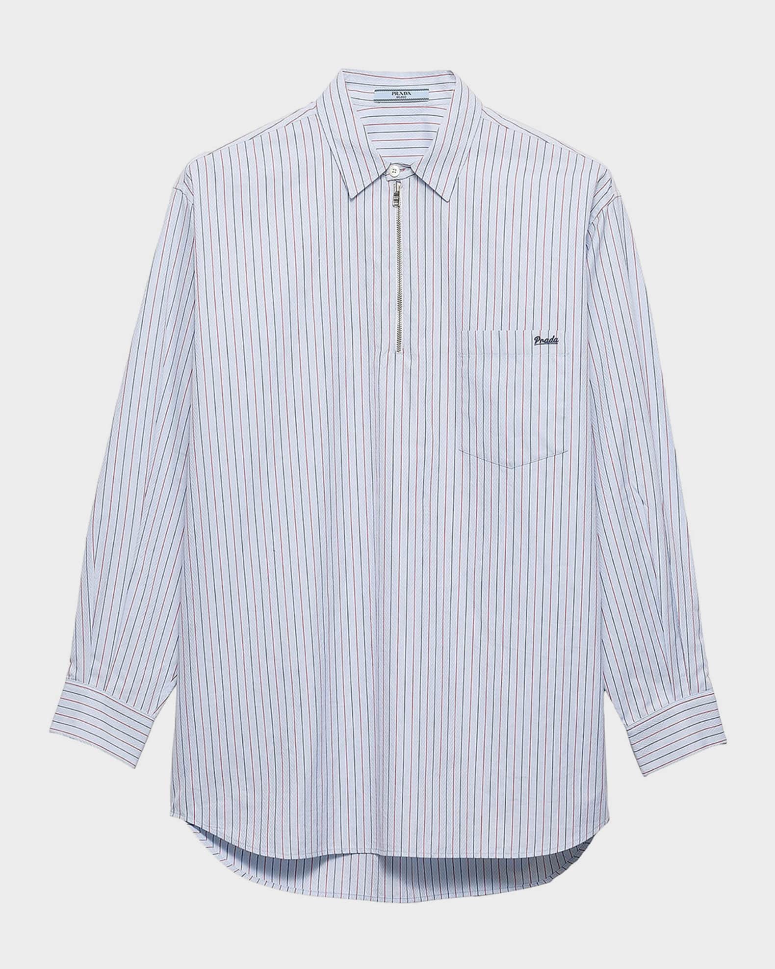 Prada Striped Herringbone Cotton Half-Zip Shirt | Neiman Marcus
