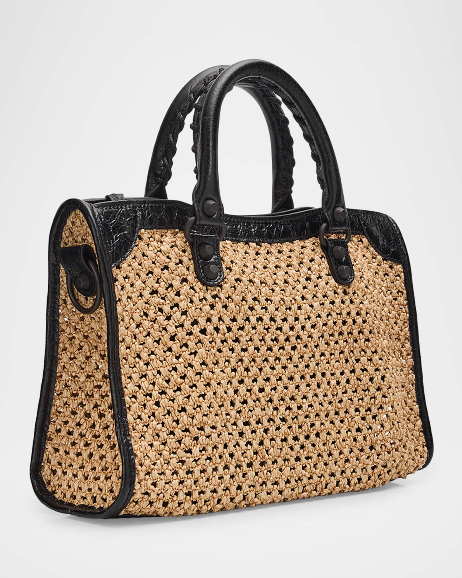 Balenciaga Le City Woven Leather-Trim Top-Handle Bag | Neiman Marcus