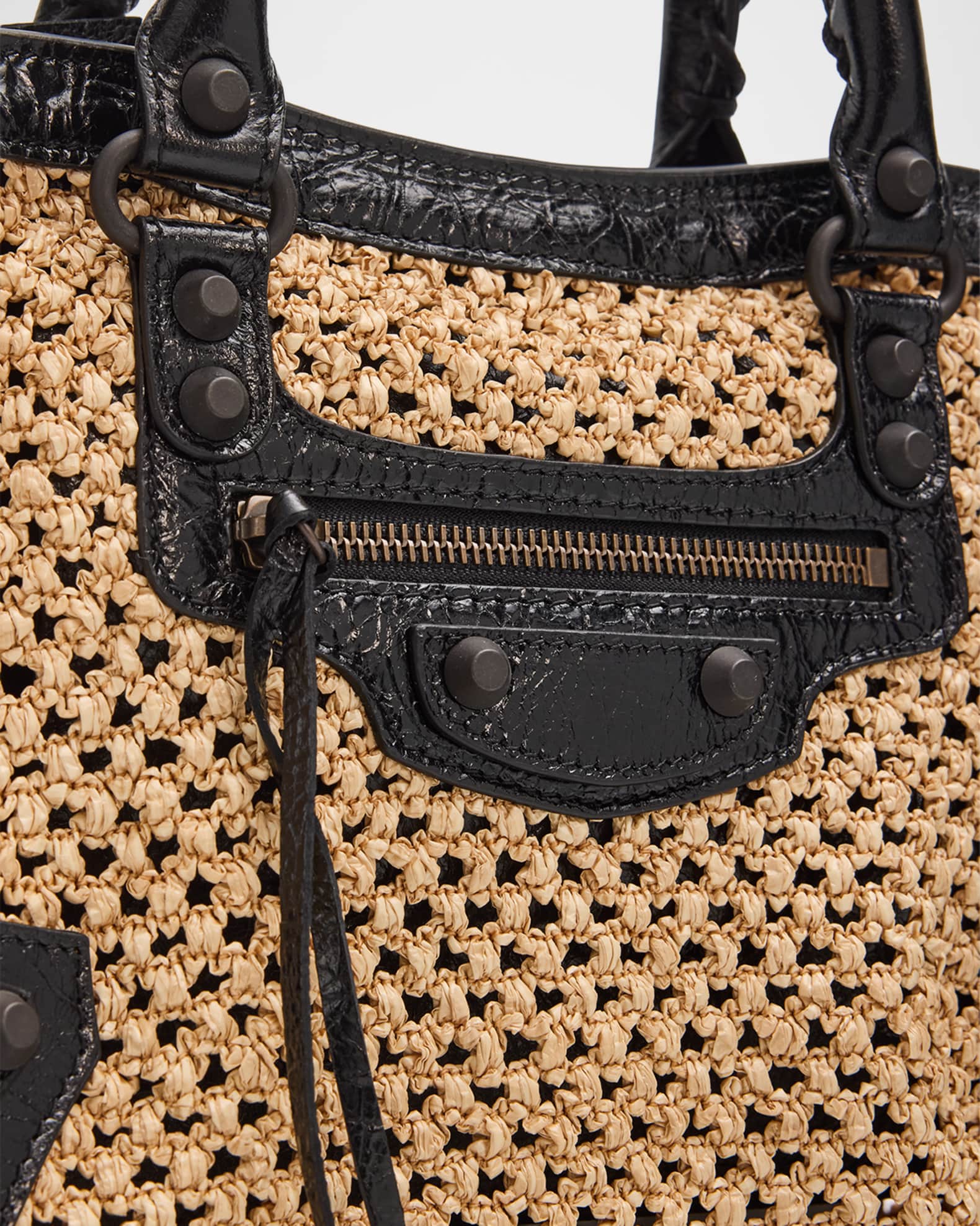 Balenciaga Le City Woven Leather-Trim Top-Handle Bag | Neiman Marcus