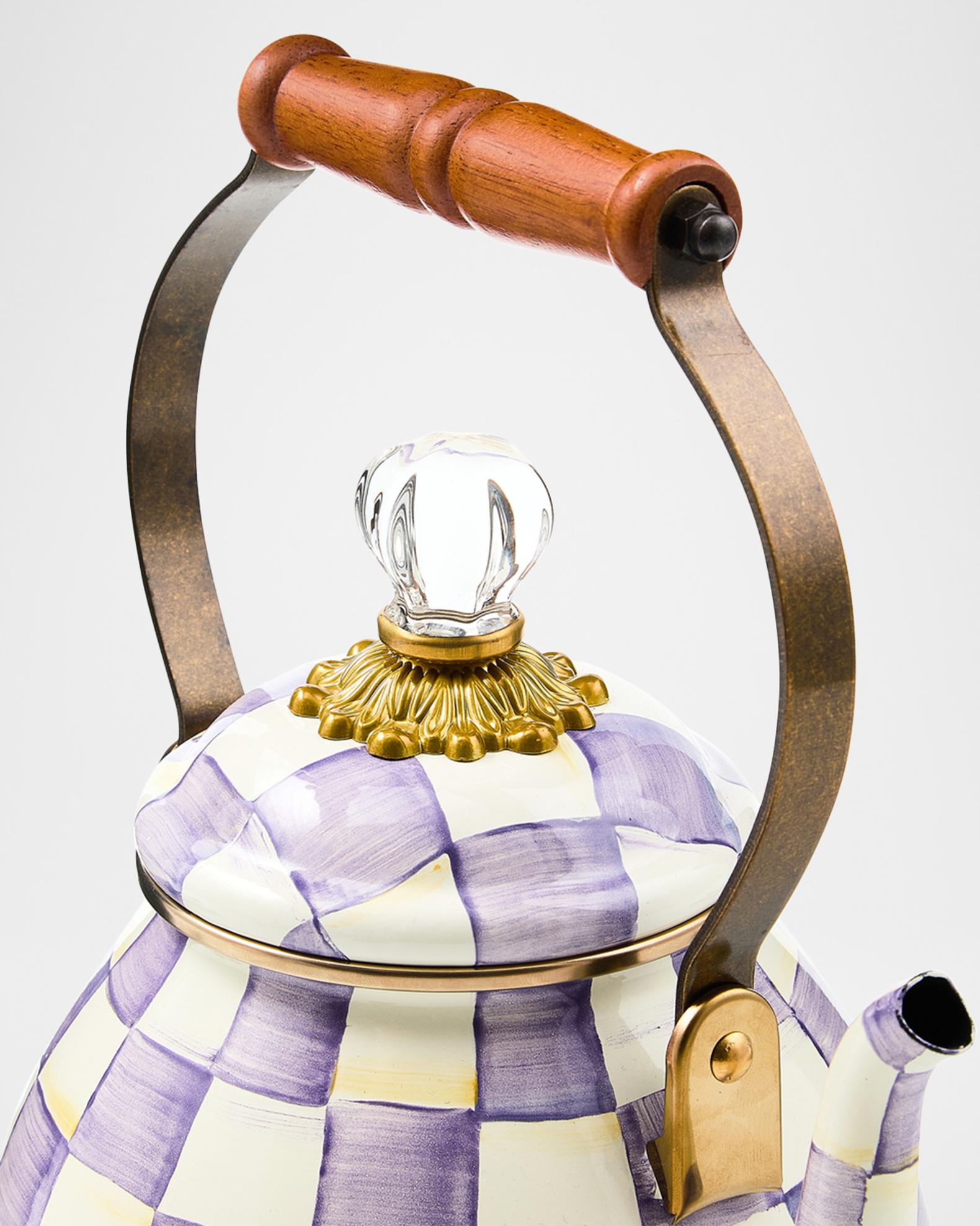 MacKenzie-Childs Violet Check Enamel Tea Kettle, 2 Quarts | Neiman Marcus