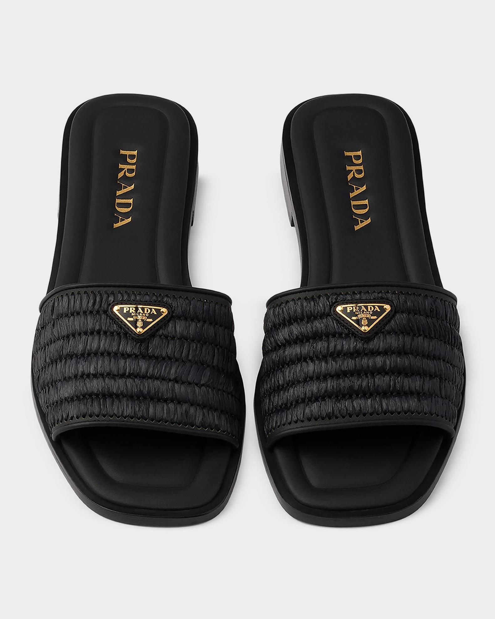 Prada Crochet Raffia & Leather Slides | Neiman Marcus