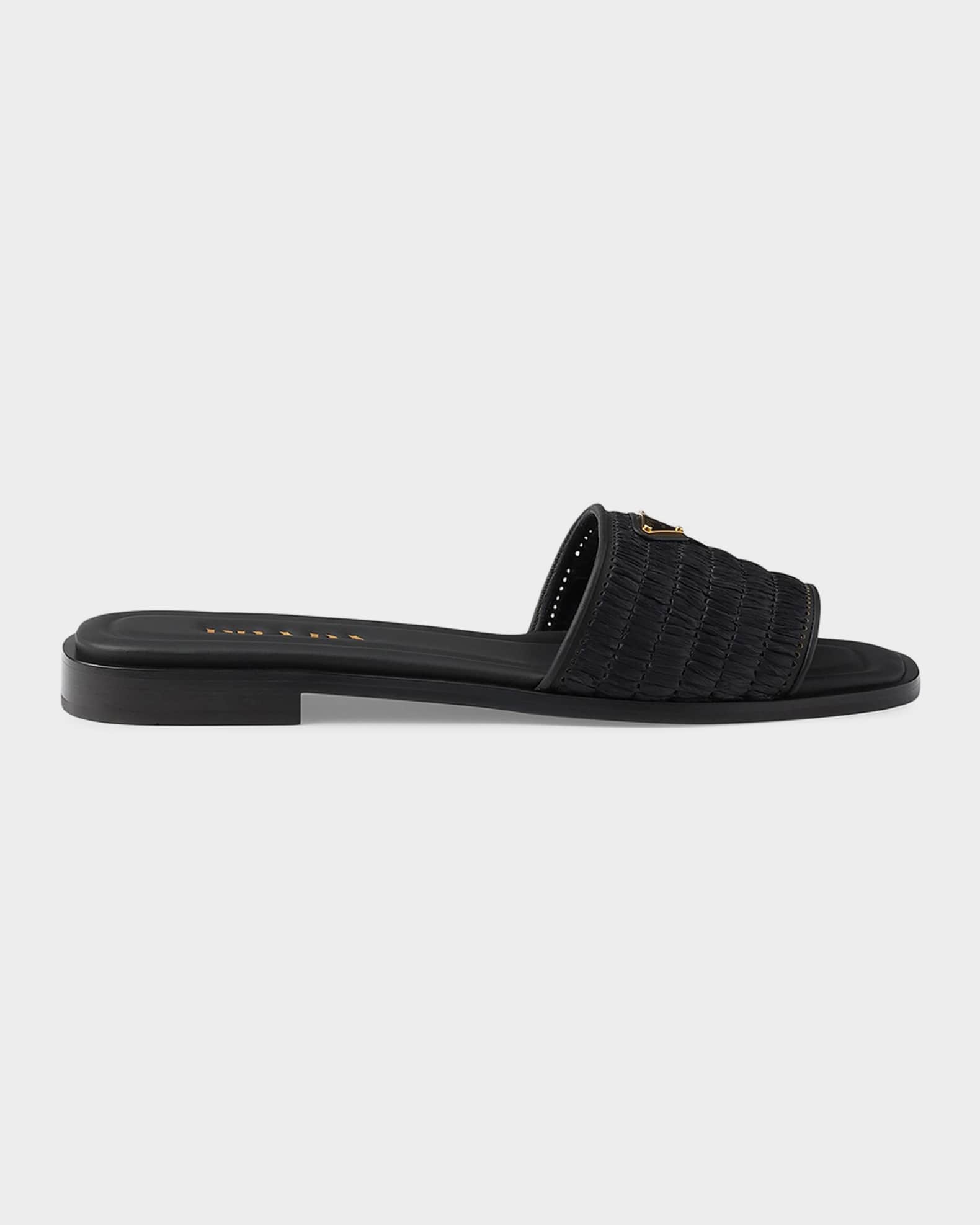 Prada Crochet Raffia & Leather Slides | Neiman Marcus