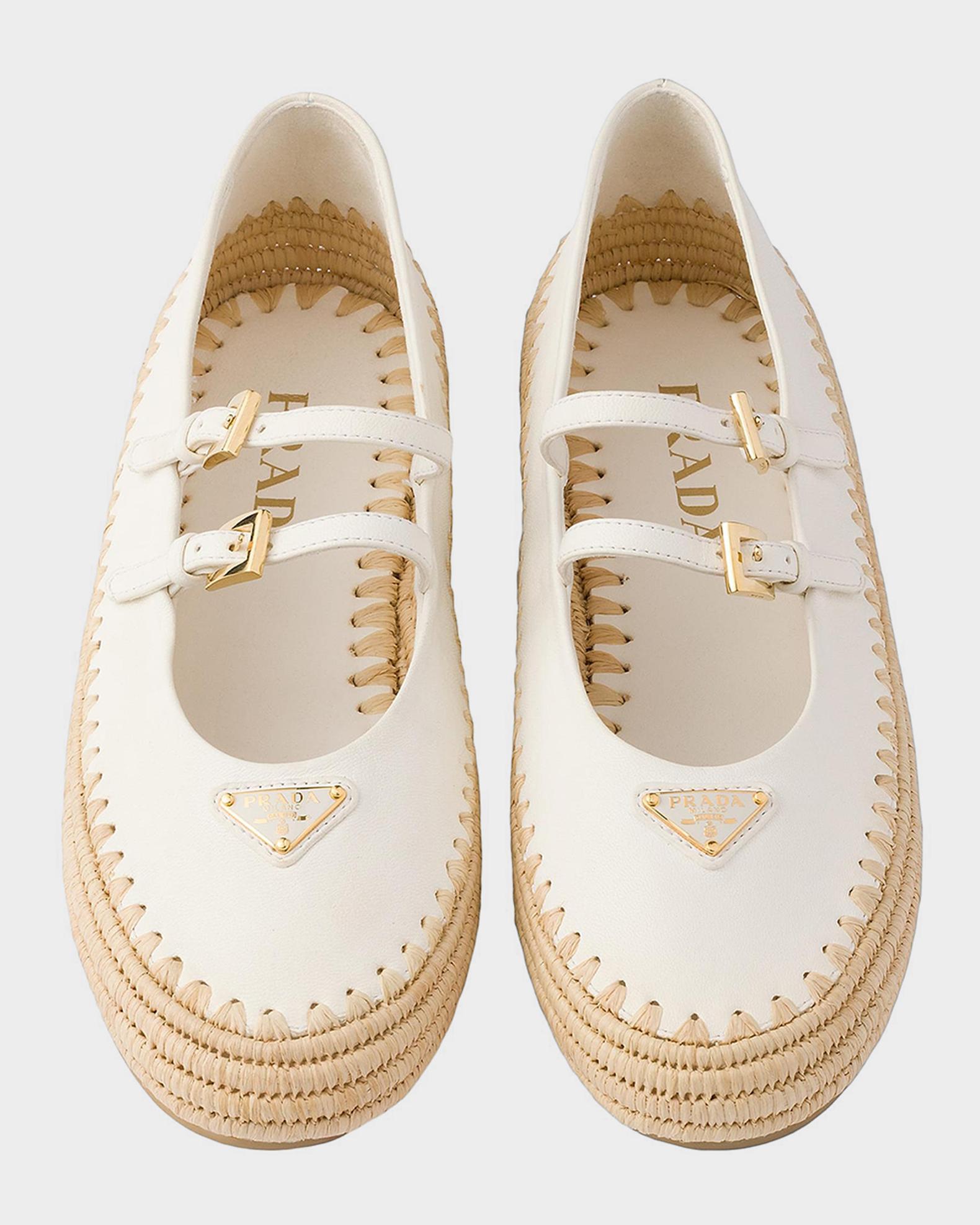 Prada Nappa Leather & Raffia Ballerina Flats | Neiman Marcus