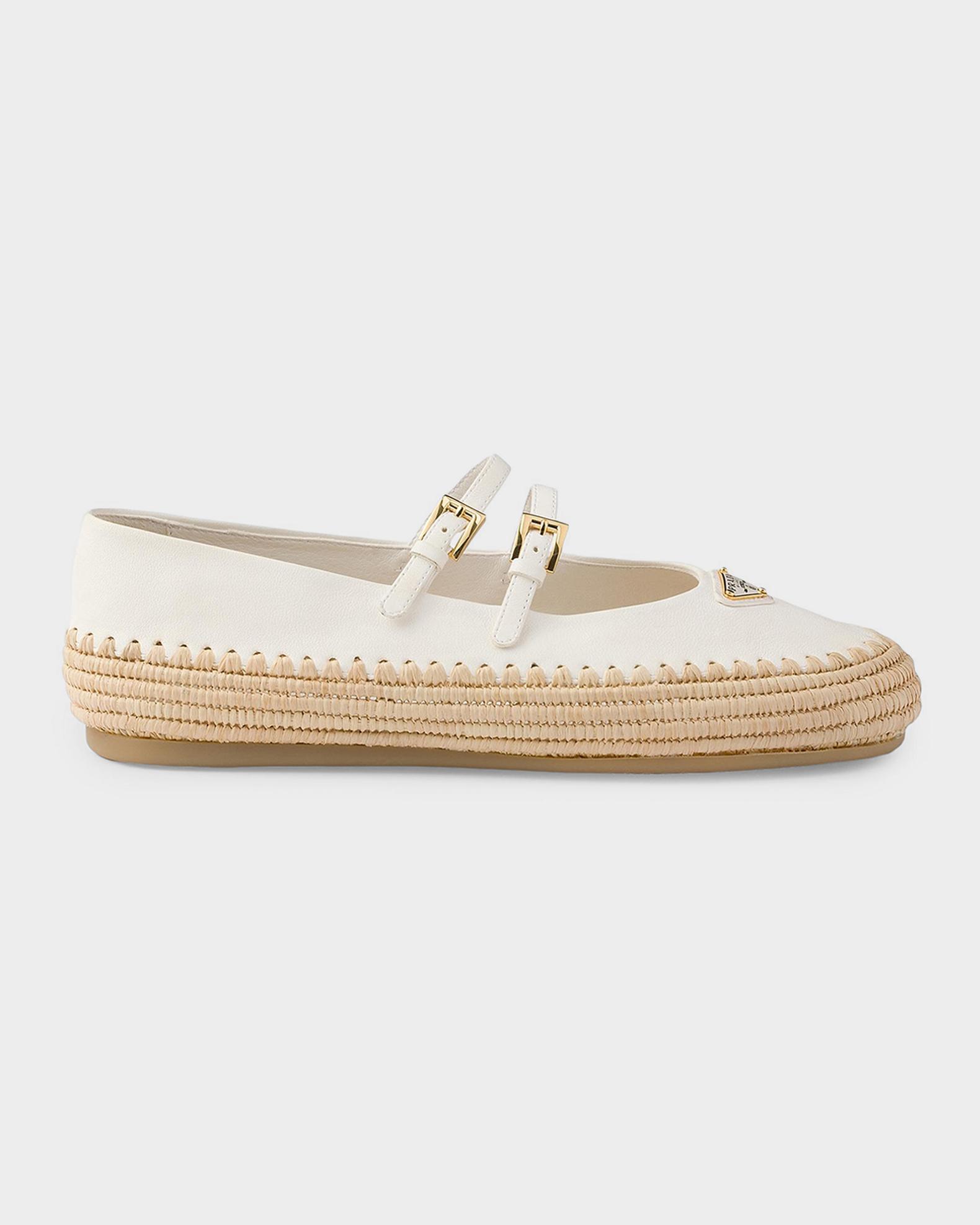 Prada Nappa Leather & Raffia Ballerina Flats | Neiman Marcus