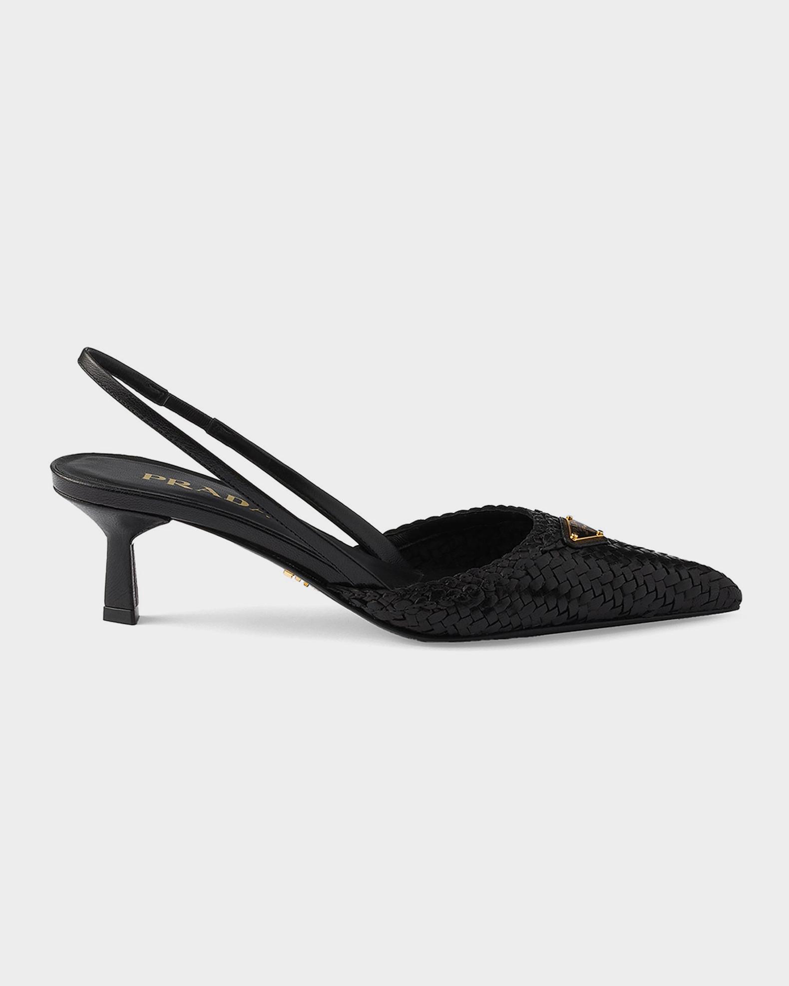 靴 Prada Black Leather Low Heels Prada 55mm Woven Leather Slingback Pumps | Neiman Marcus