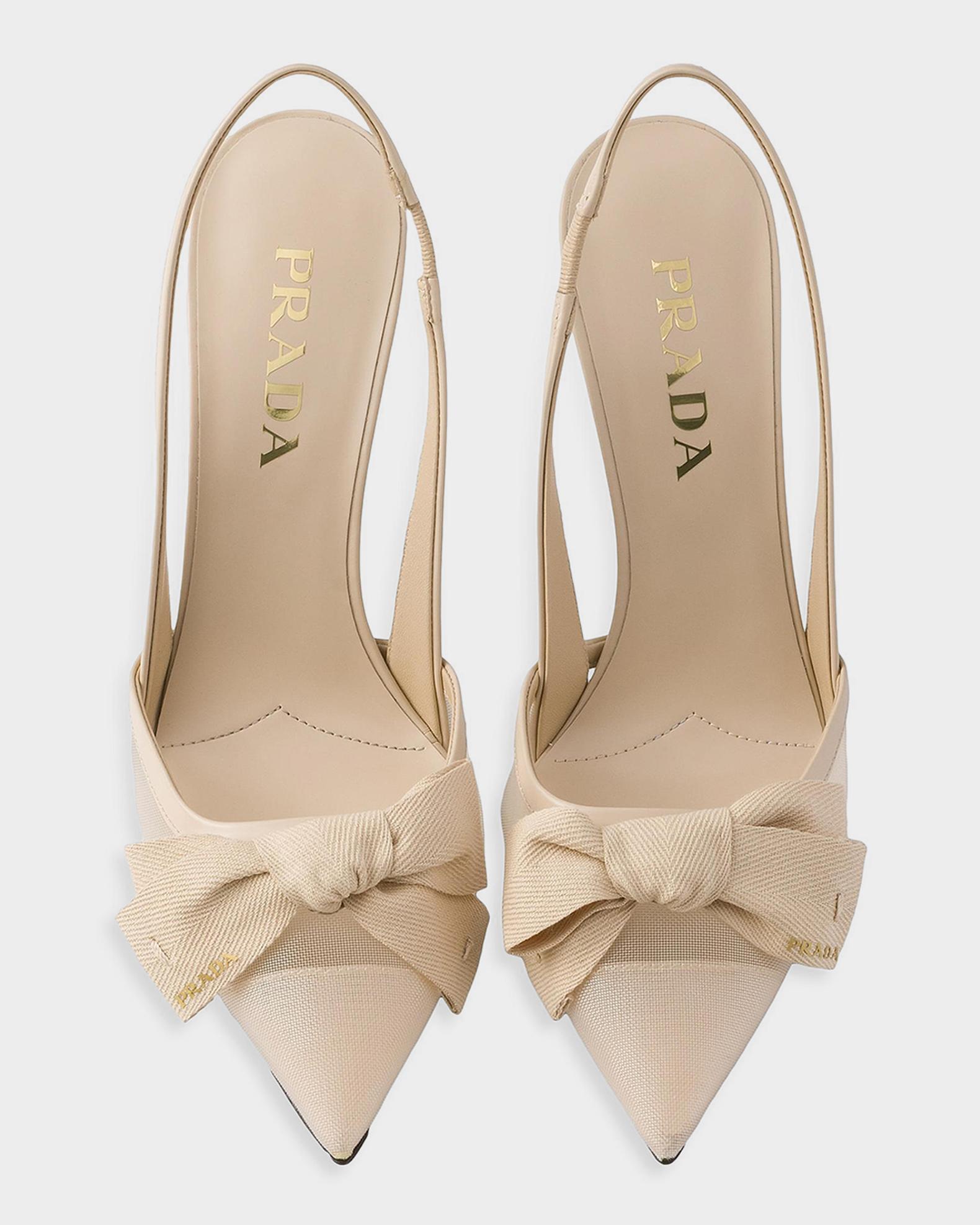 Prada 100mm Mesh Fabric & Leather Slingback Pumps with Bow 