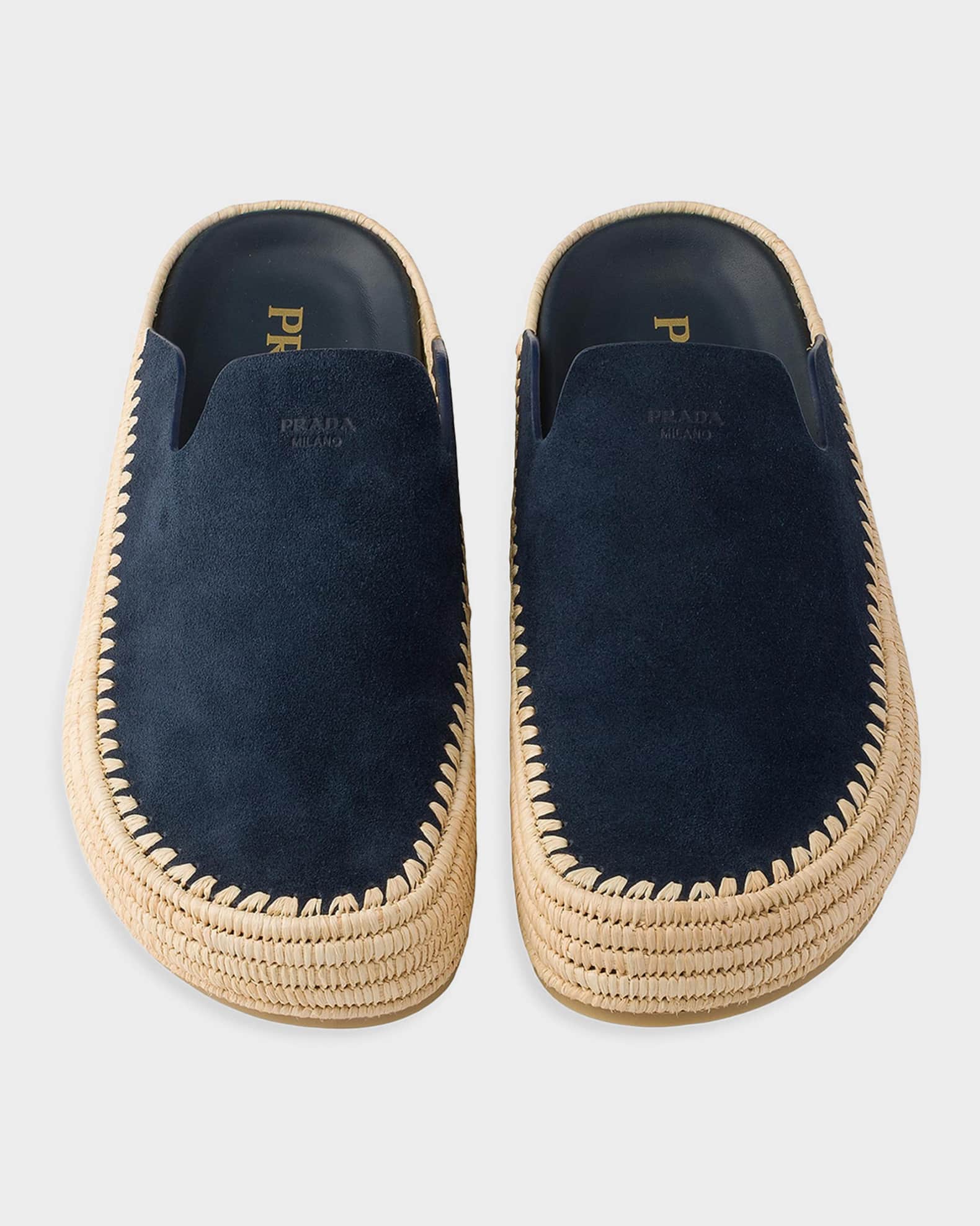 Prada Men's Suede and Raffia Mules | Neiman Marcus