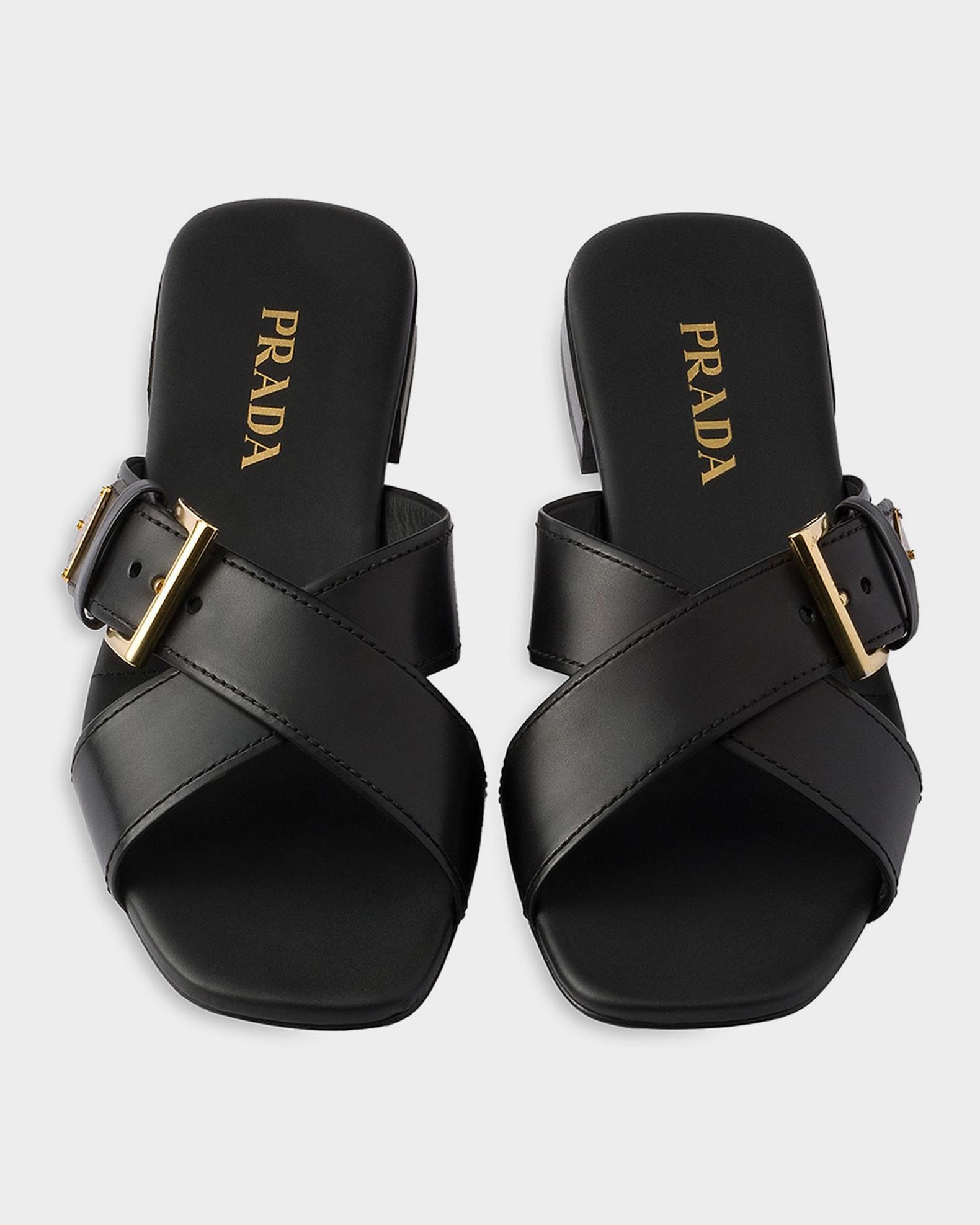 Prada Leather Crisscross Slide Sandals with Buckle | Neiman Marcus