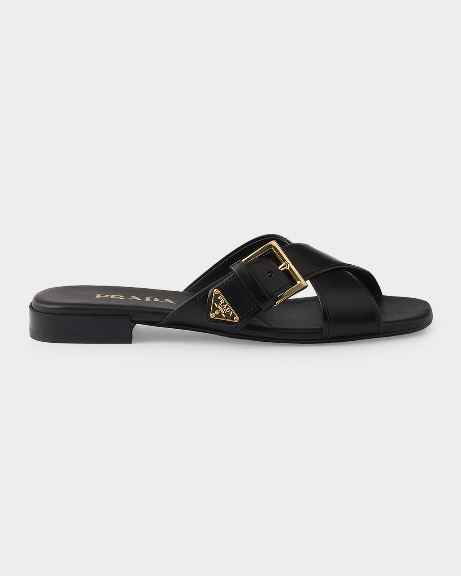 Prada Leather Crisscross Slide Sandals with Buckle | Neiman Marcus