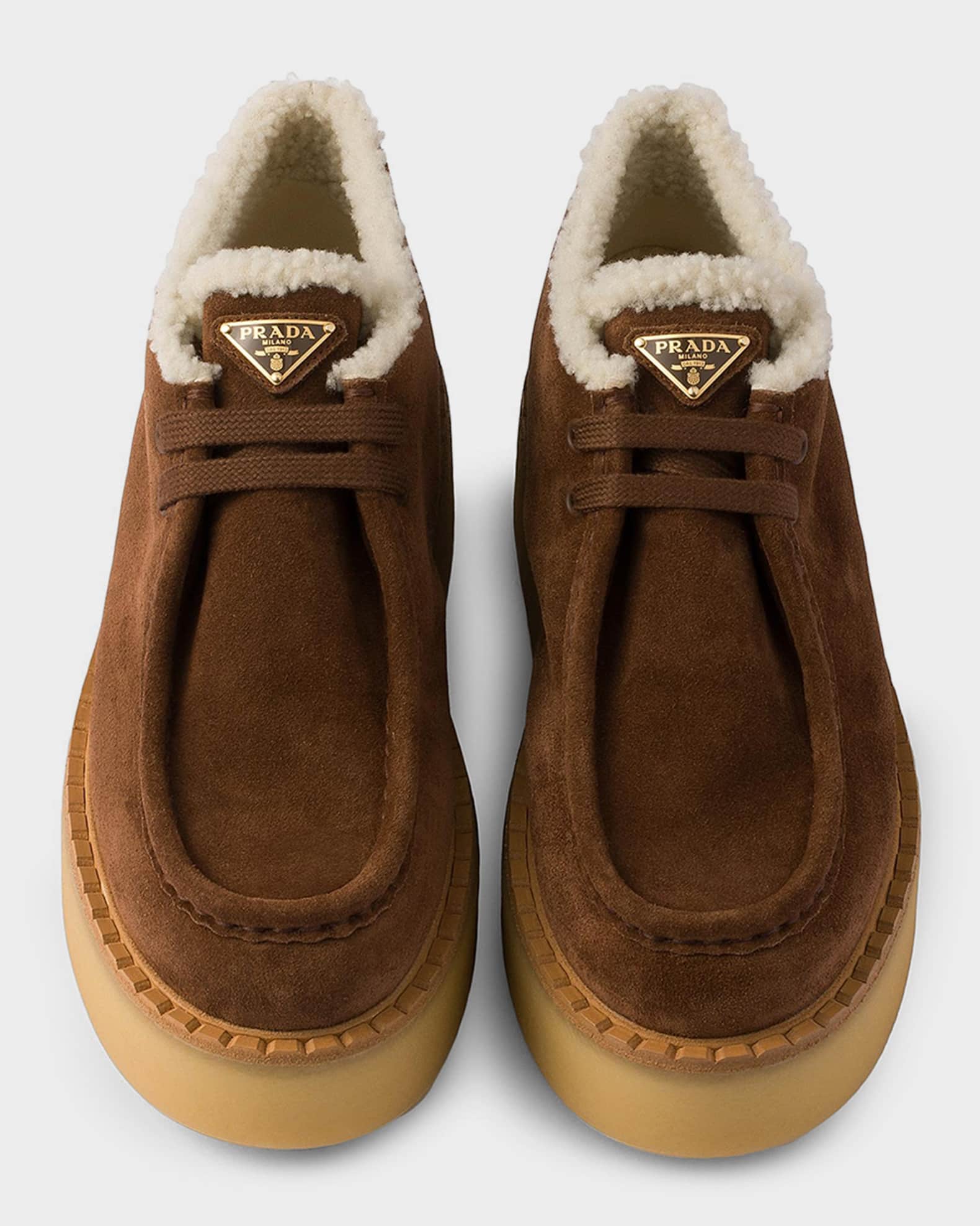 Prada Shearling-Lined Suede Chukka Boots | Neiman Marcus