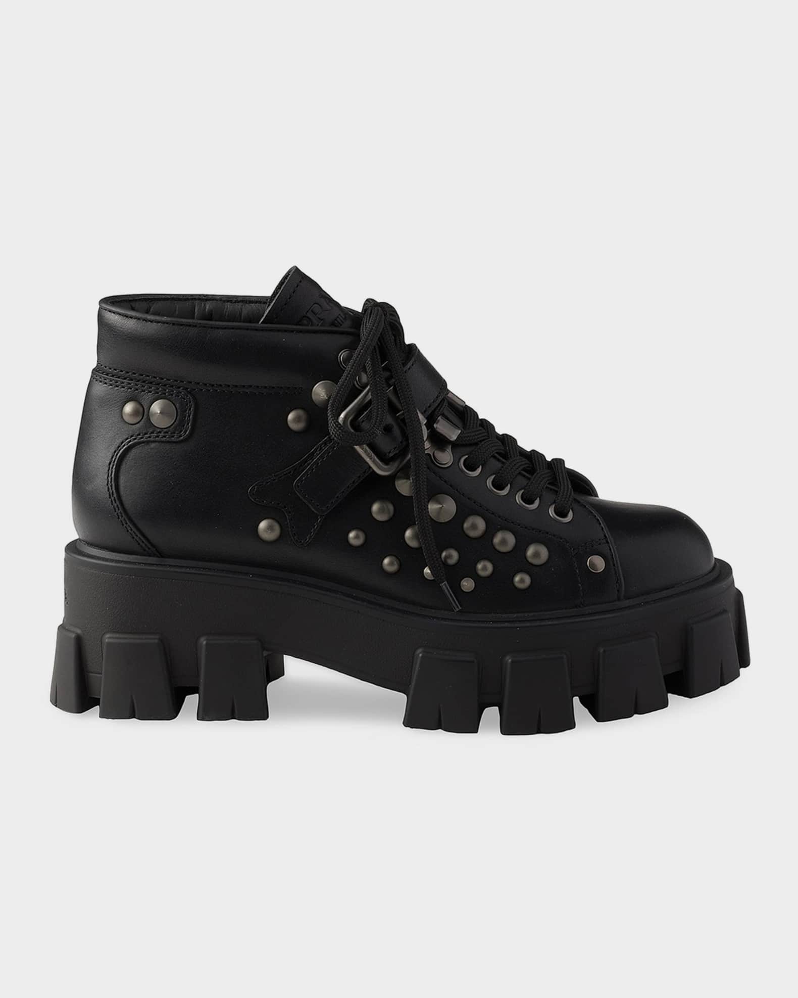 Prada Monolith Studded Leather Ankle Boots | Neiman Marcus