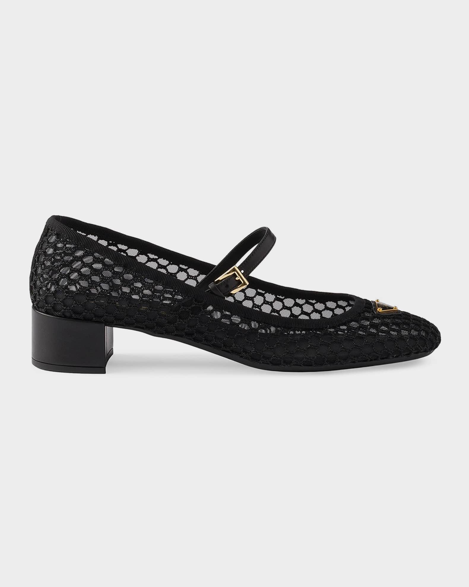 靴 PRADA square toe mary jane mesh shoes Prada Mesh Fabric Ballerina Heels | Neiman Marcus