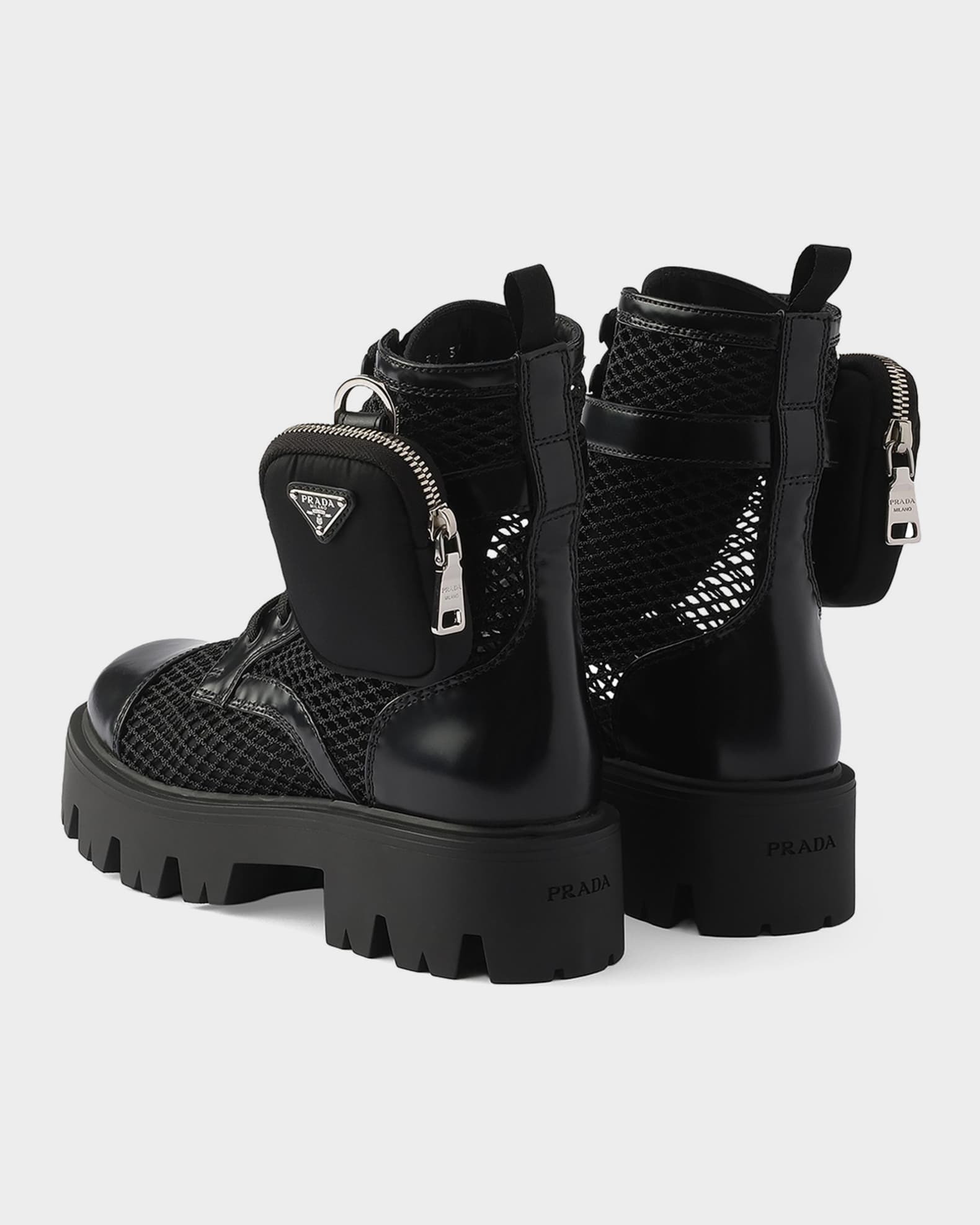 Prada Mesh Fabric & Brushed Leather Ankle Boots with Pouch