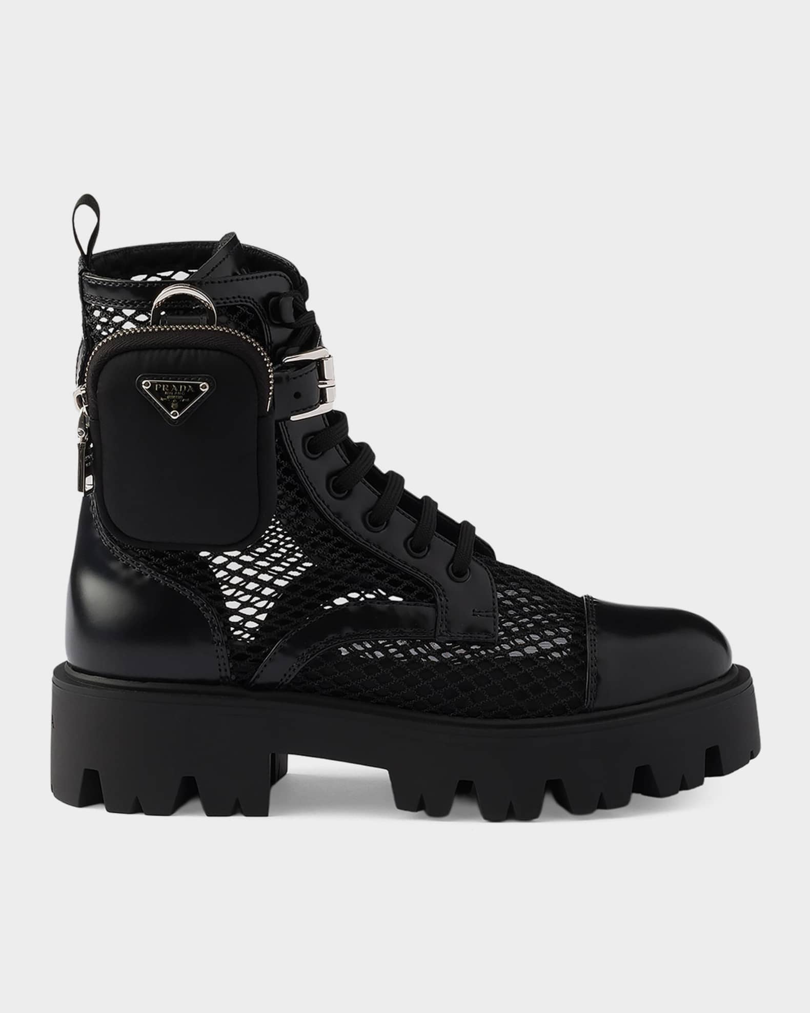 Prada Mesh Fabric & Brushed Leather Ankle Boots with Pouch