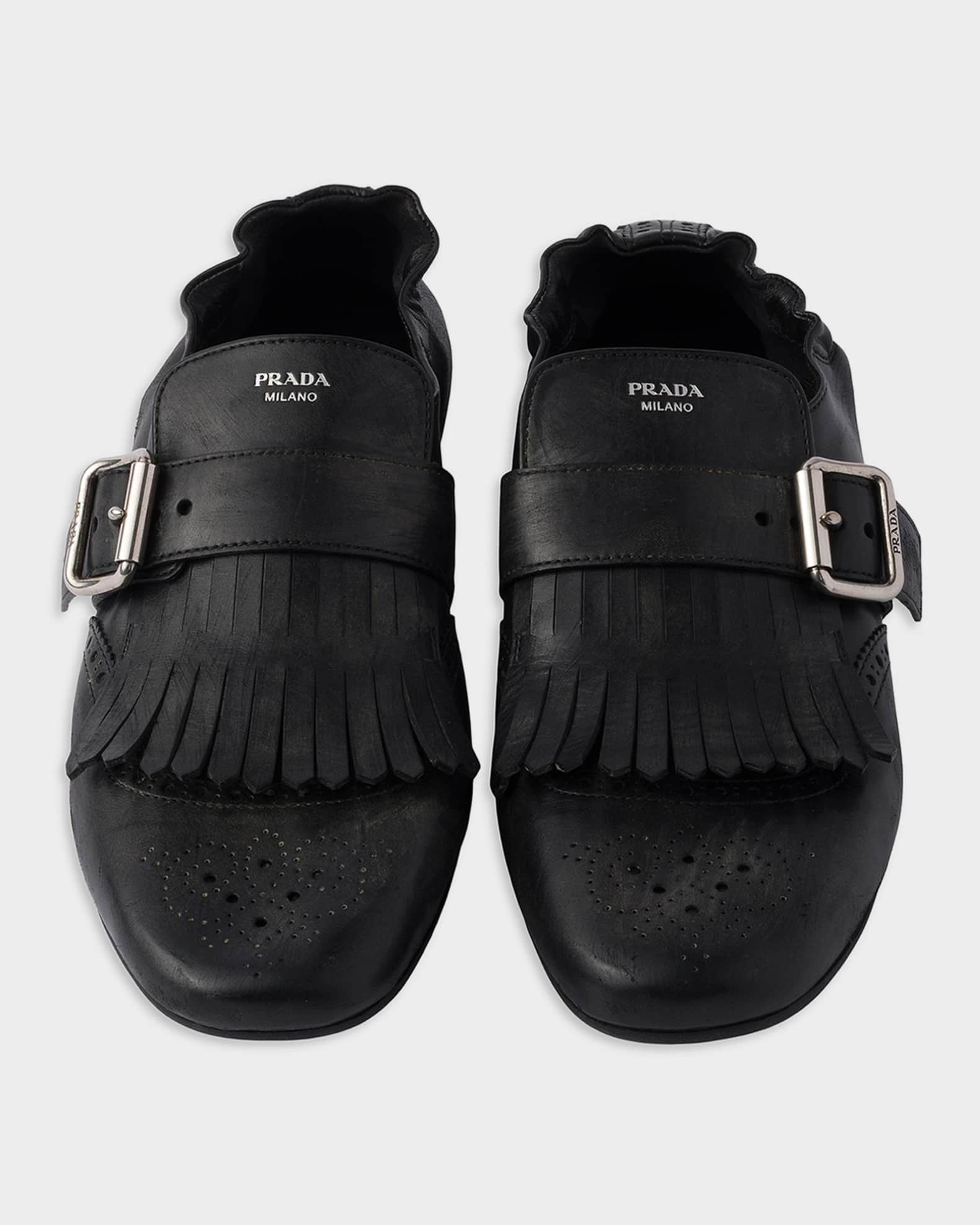 25ss PRADA SHUFFLE ダブルモンクシューズ　革靴　レザー Prada Shuffle Fringed Monk Strap Shoes | Neiman Marcus
