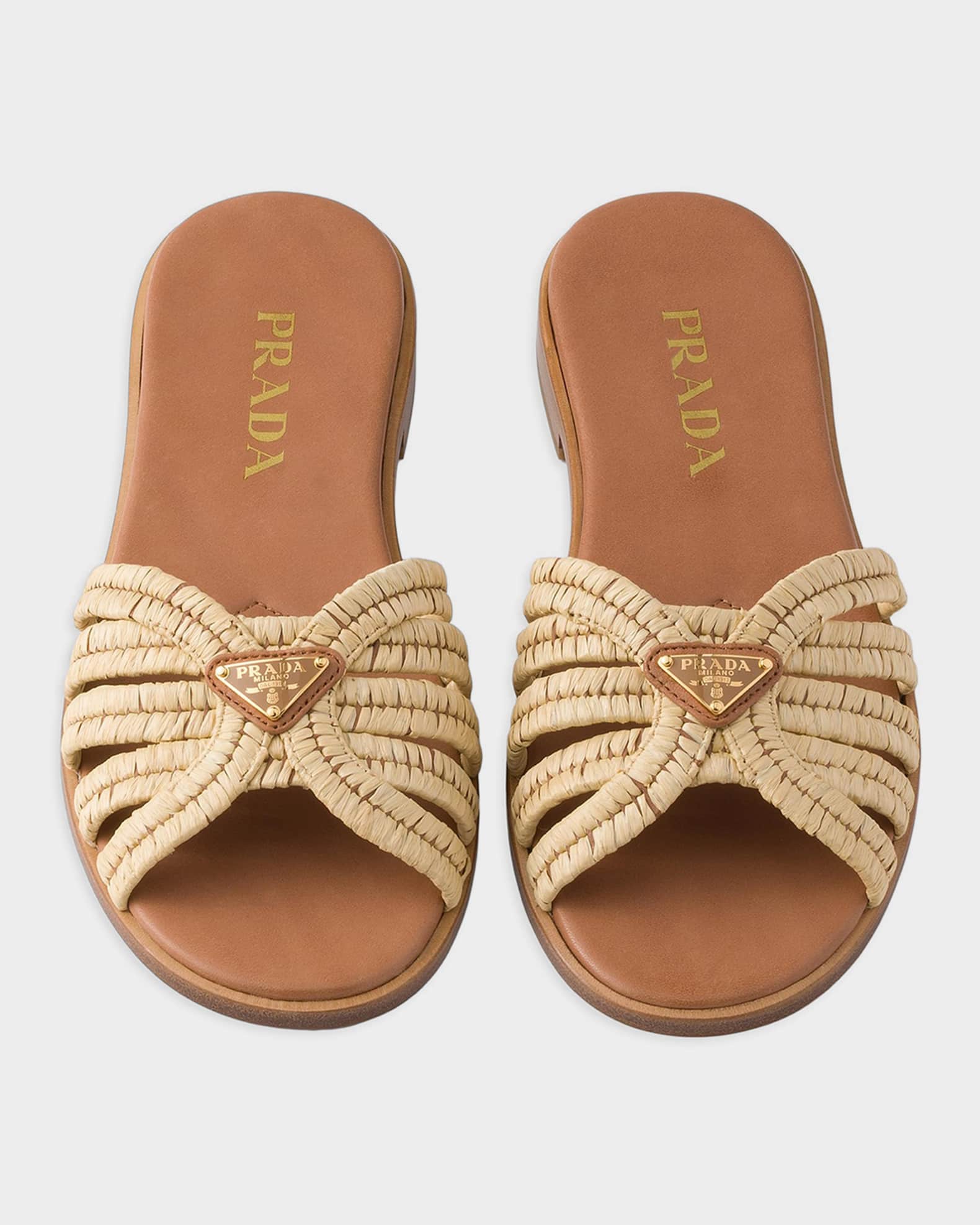 Prada Crochet Raffia Slides | Neiman Marcus