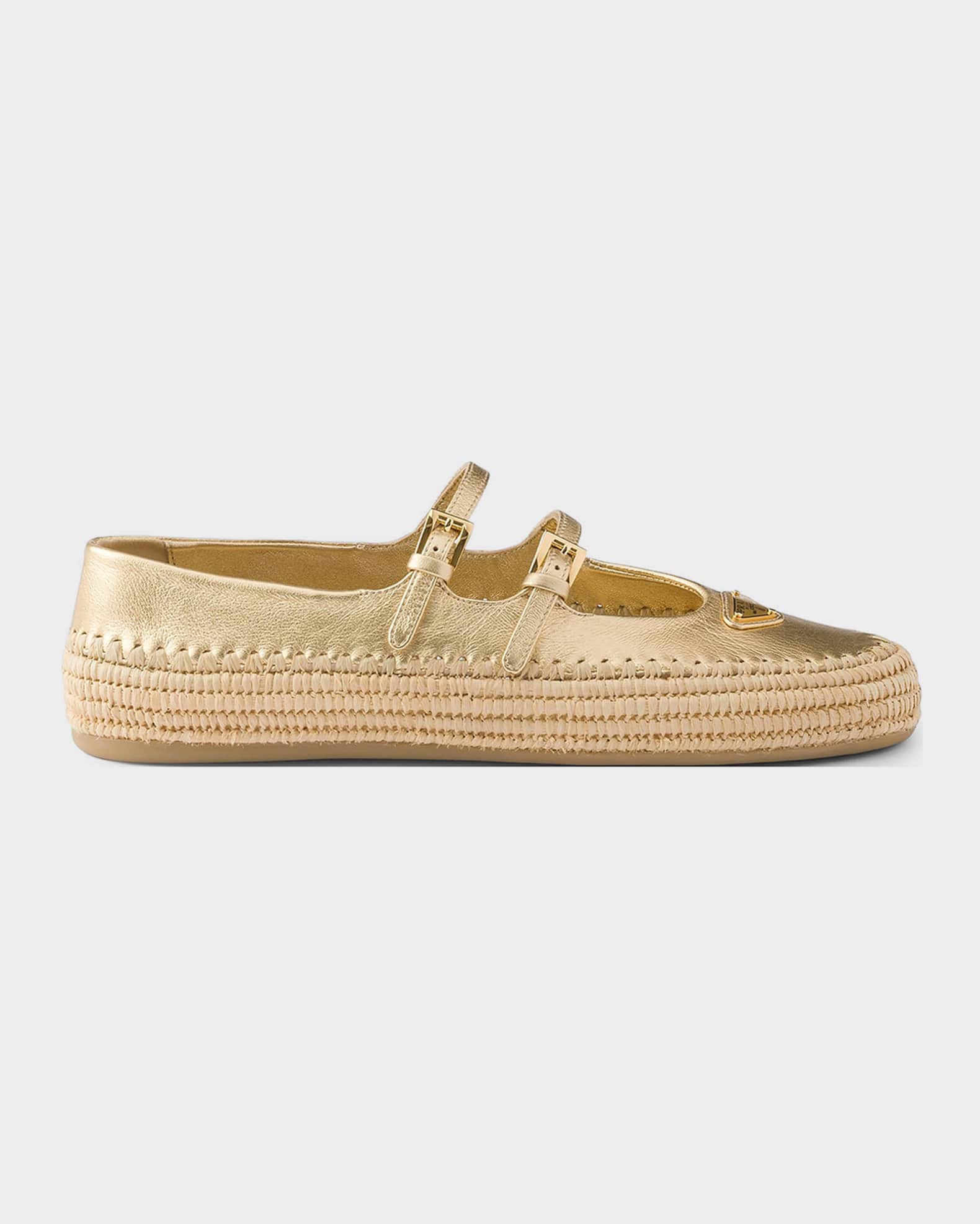 PRADA ゴールド・ リーフ装飾ミュール　37 Prada Mordore Nappa Leather & Raffia Ballerina Flats | Neiman Marcus