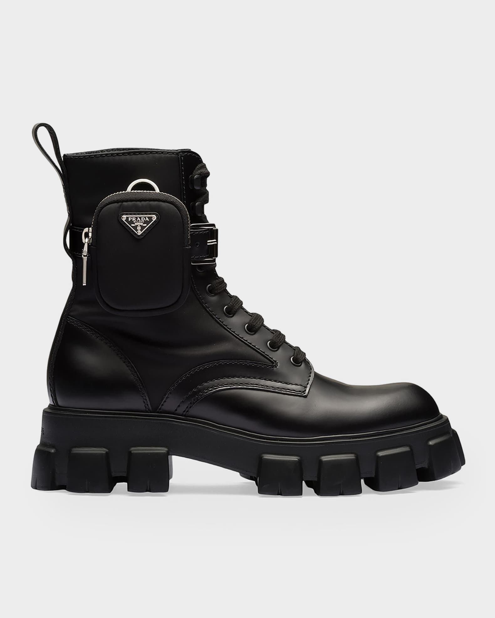Prada Men's Monolith Brushed Leather & Re-Nylon Boots with Pouch