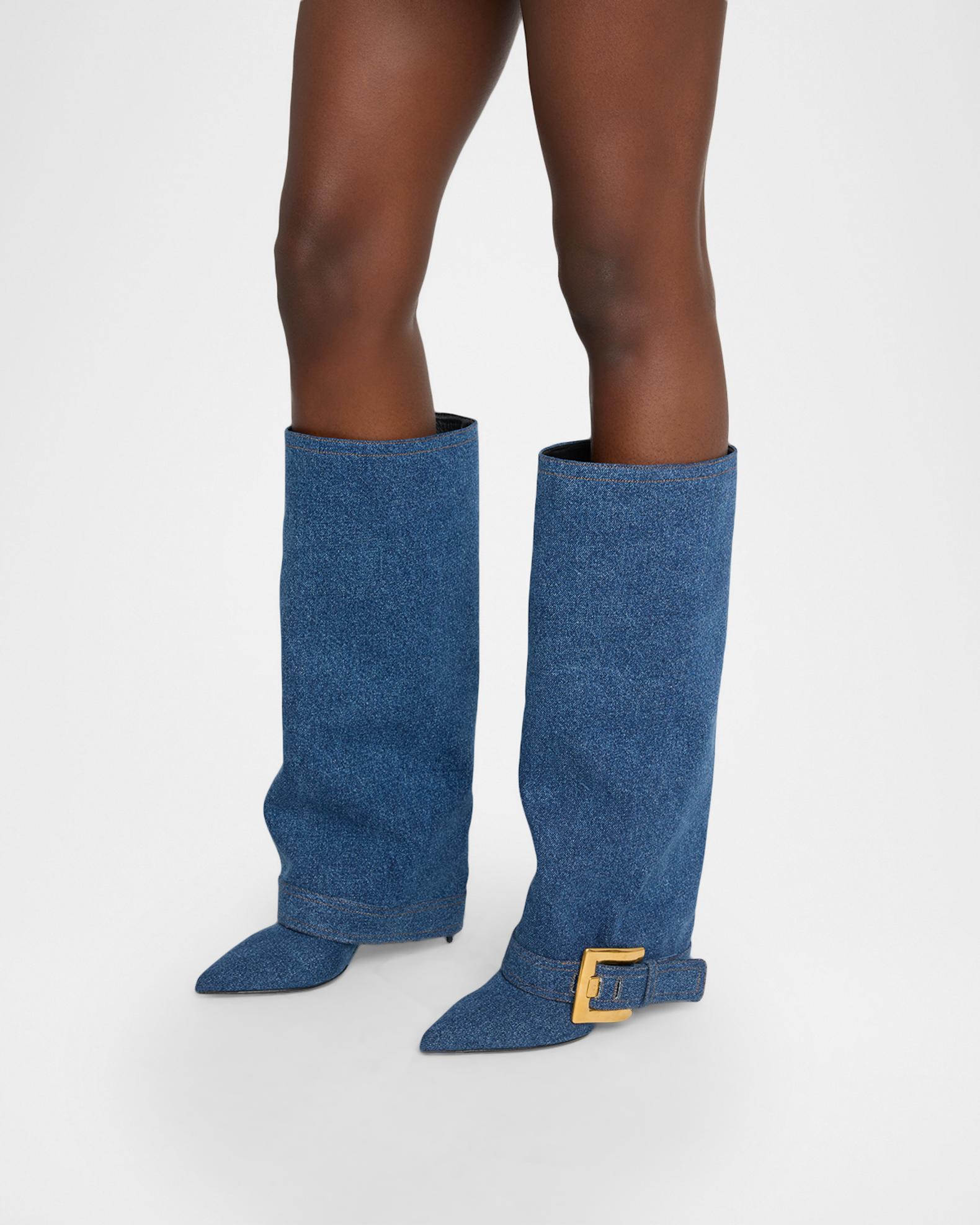 Balmain Anthem Denim Buckle Knee-High Boots | Neiman Marcus
