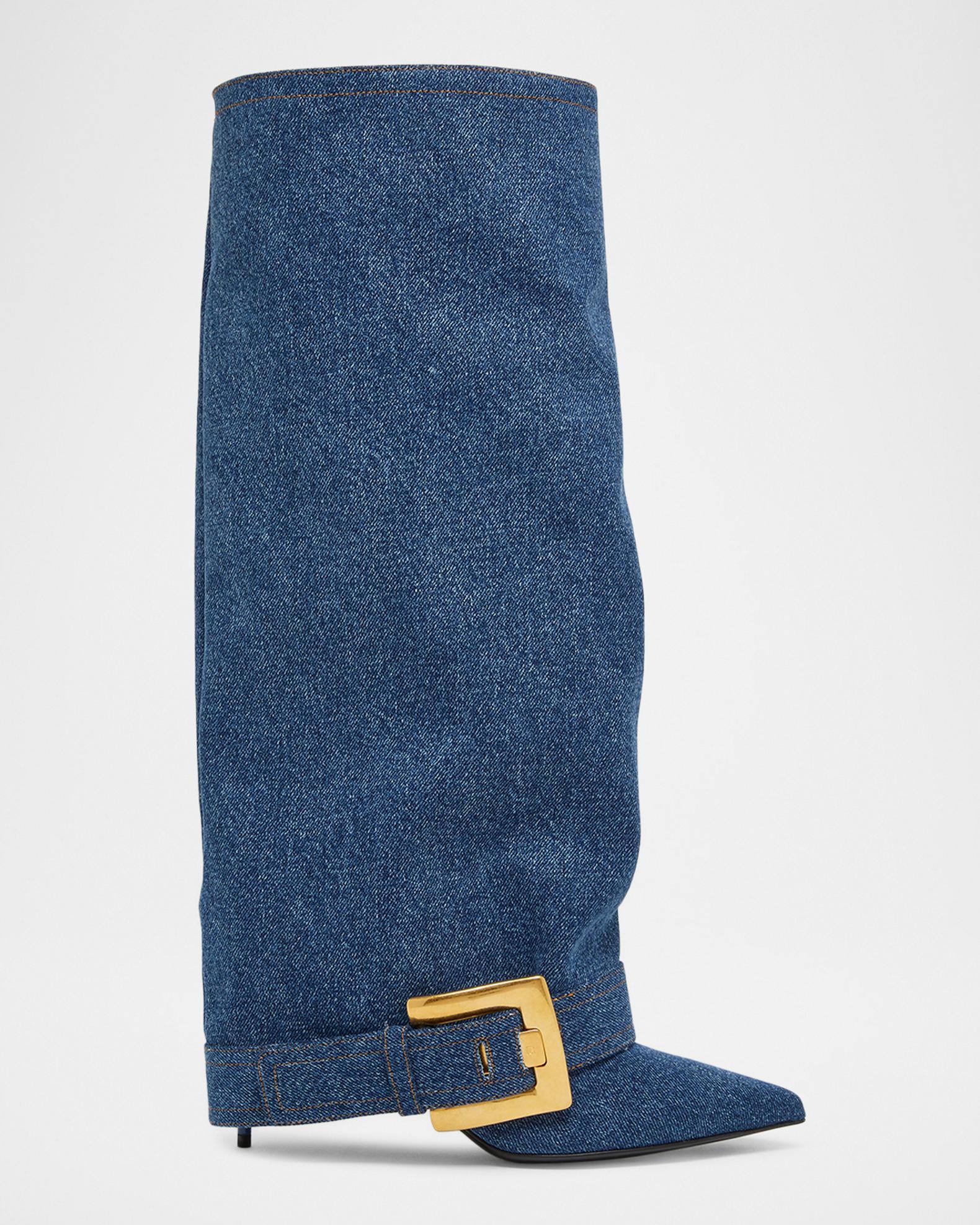 Balmain Anthem Denim Buckle Knee-High Boots | Neiman Marcus