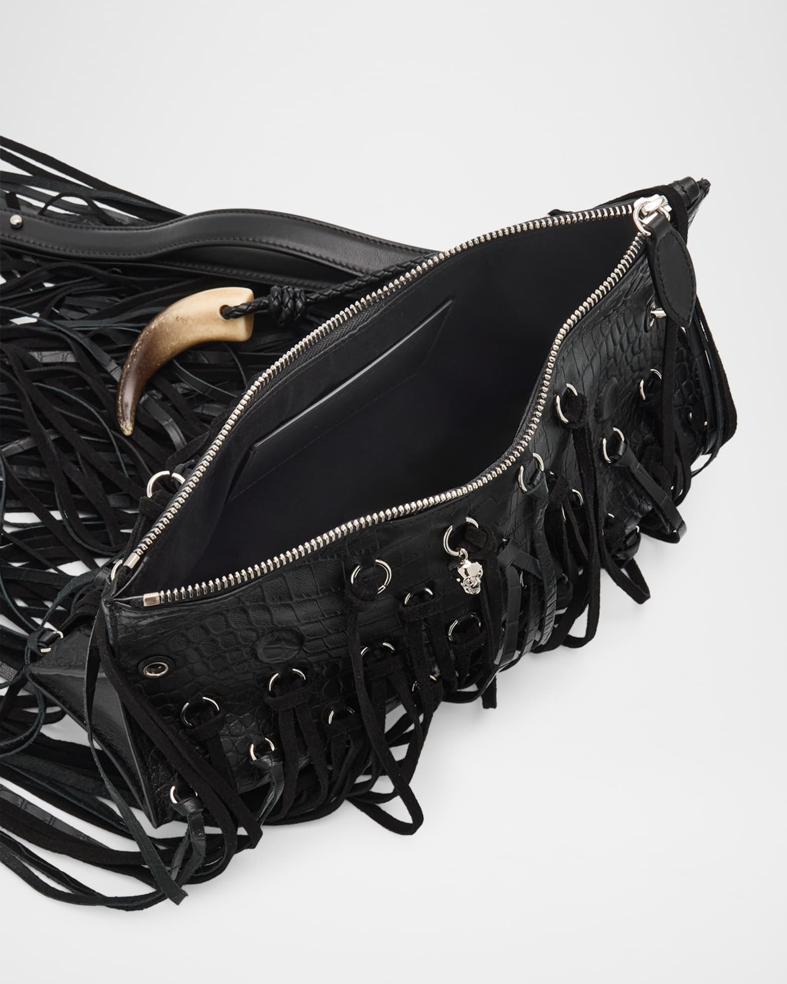 McQueen Manta Fringed Croc-Embossed Leather Shoulder Bag | Neiman