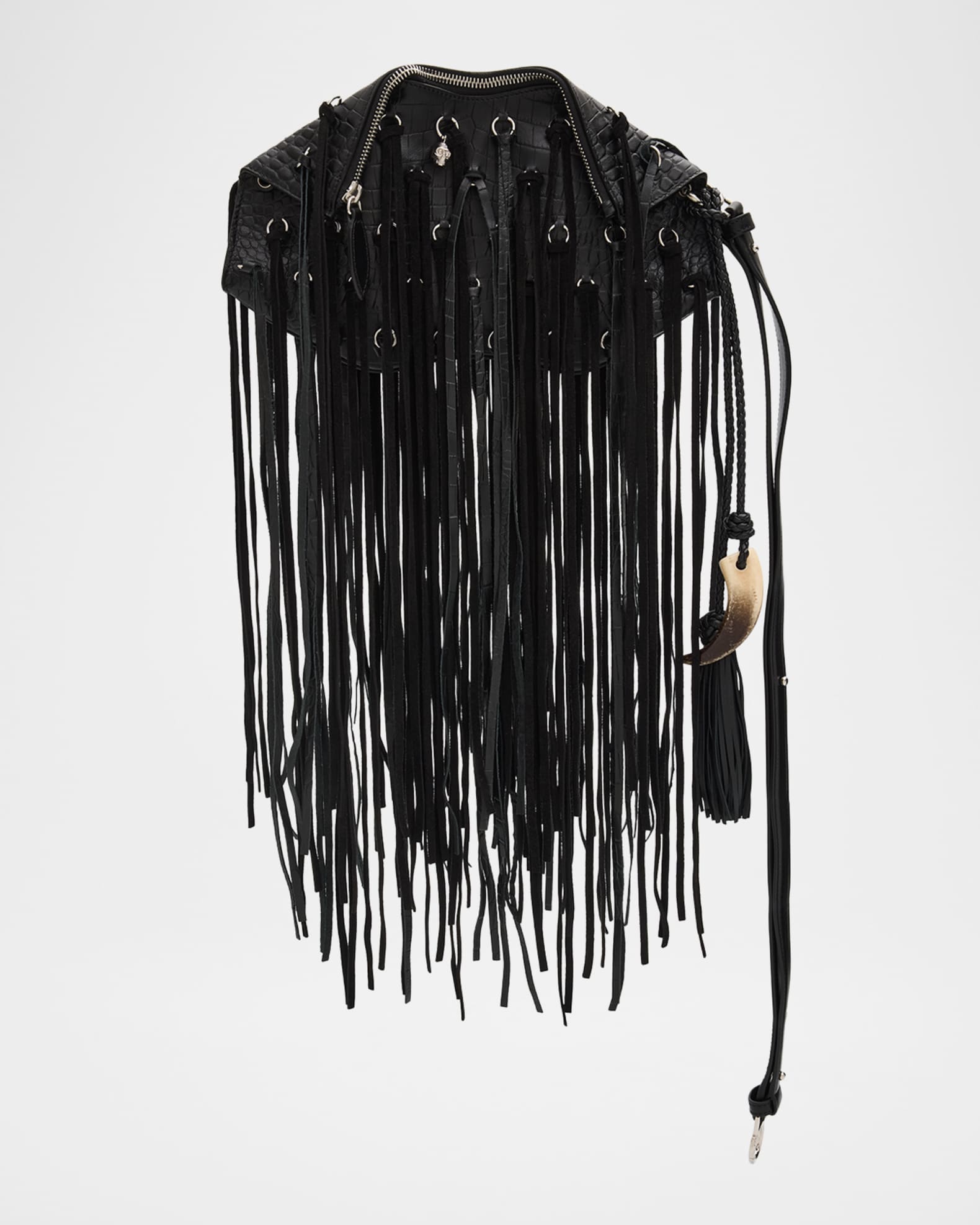 アクセサリー GARAxblackmenas SYMBOLIC FRINGE BUM FLAP McQueen Manta Fringed Croc-Embossed Leather Shoulder Bag | Neiman