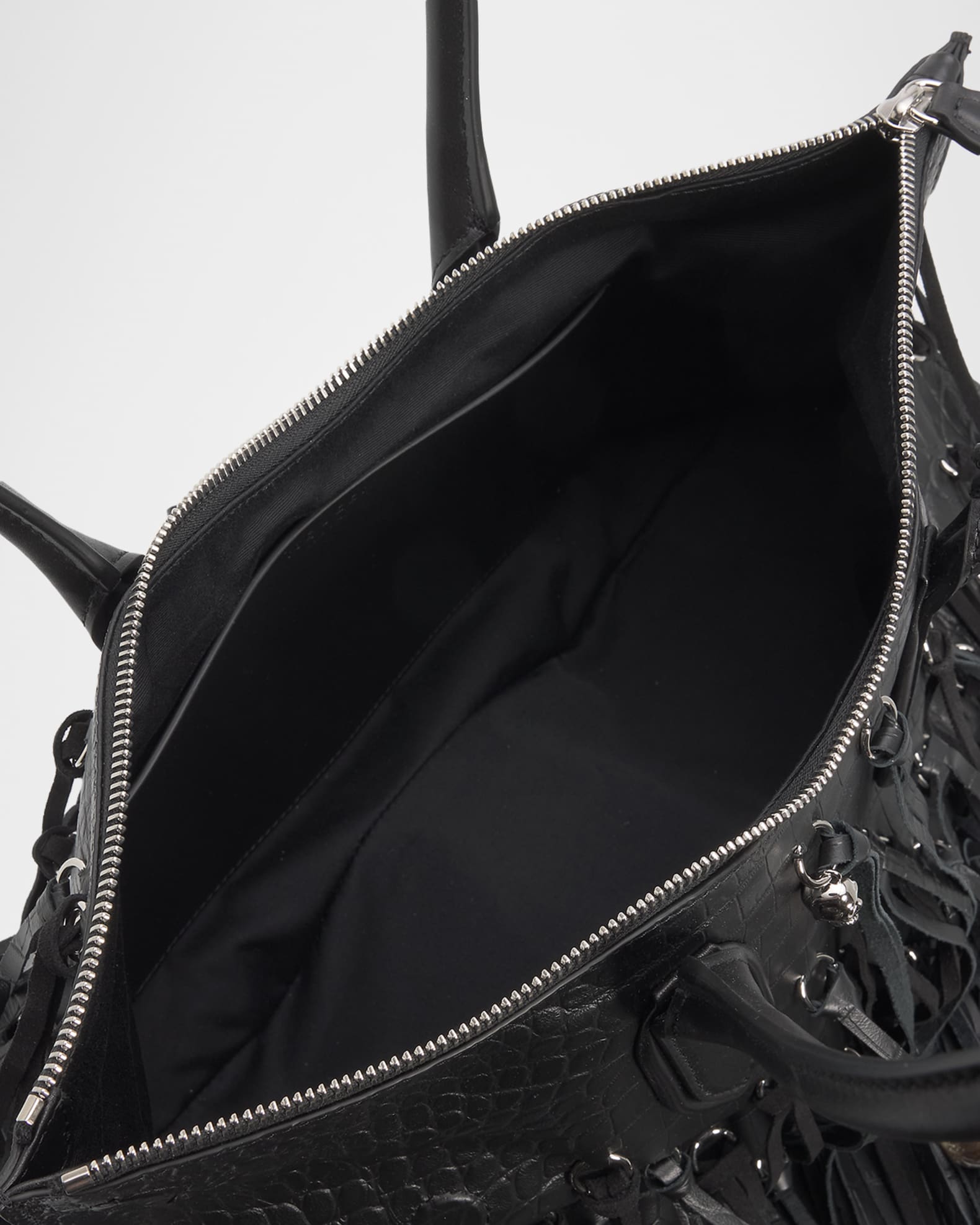 McQueen Manta Fringed Croc-Embossed Leather Shoulder Bag | Neiman