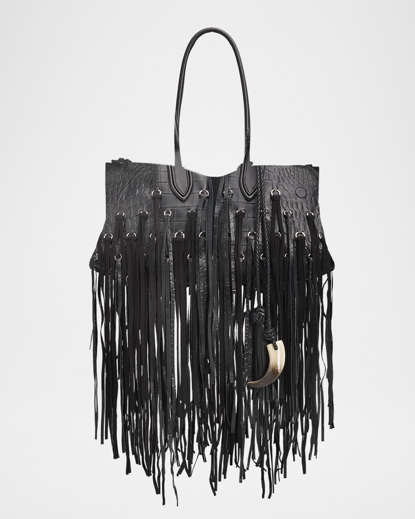 McQueen Manta Fringed Croc-Embossed Leather Shoulder Bag | Neiman 