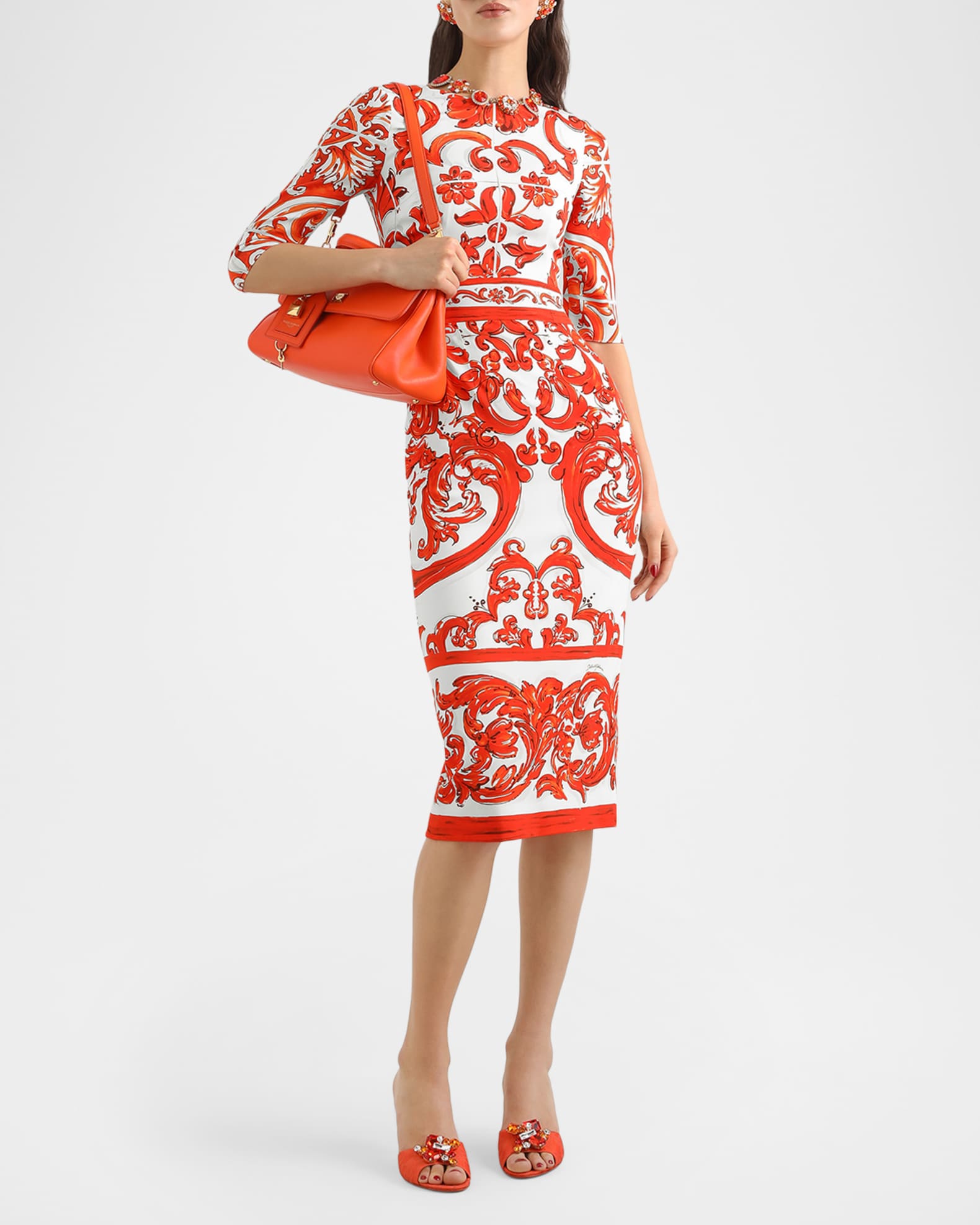 Dolce&Gabbana Majolica-Print Charmeuse Midi Dress | Neiman Marcus