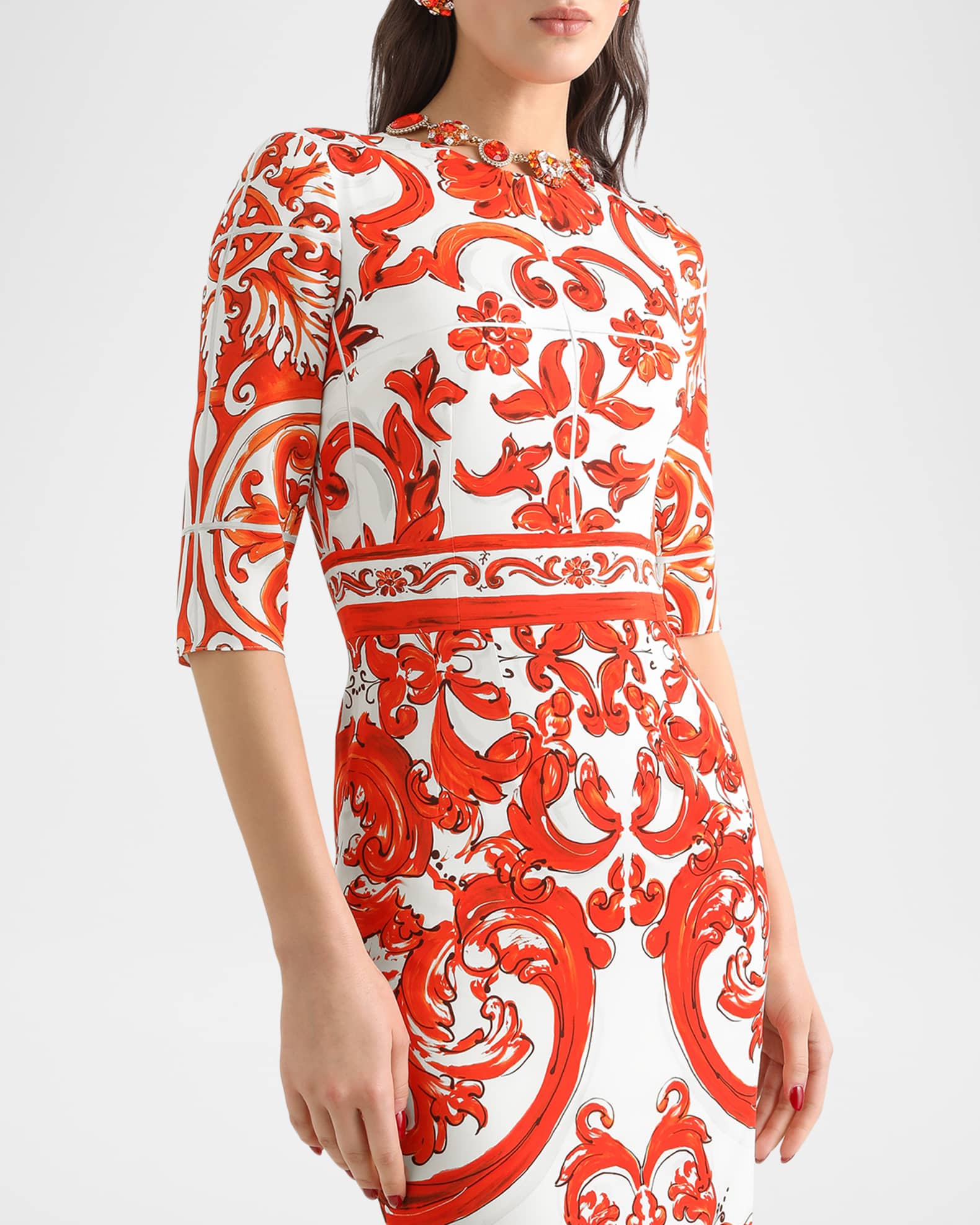 Dolce&Gabbana Majolica-Print Charmeuse Midi Dress | Neiman Marcus