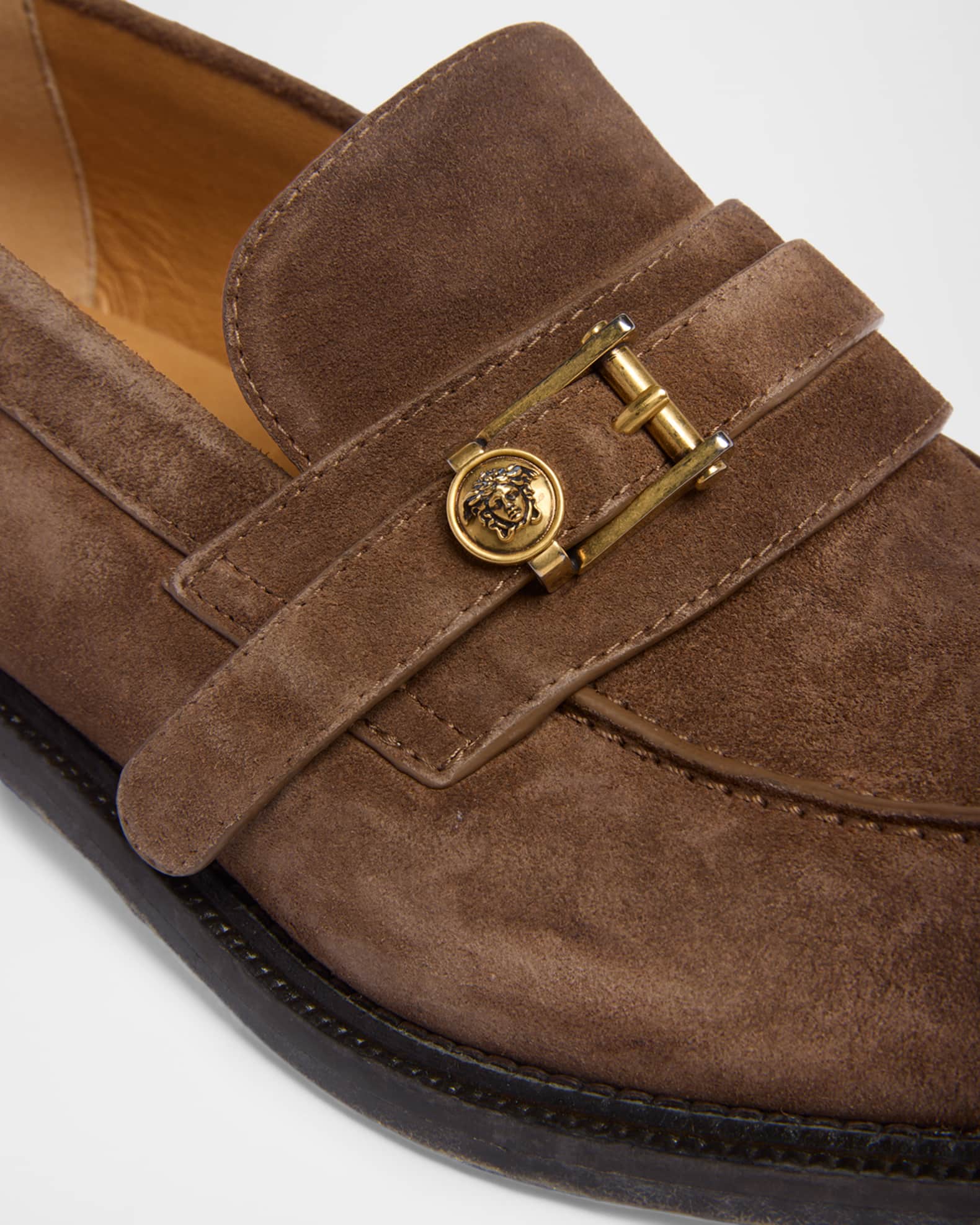Versace Men's Suede La Medusa Buckle Loafers | Neiman Marcus