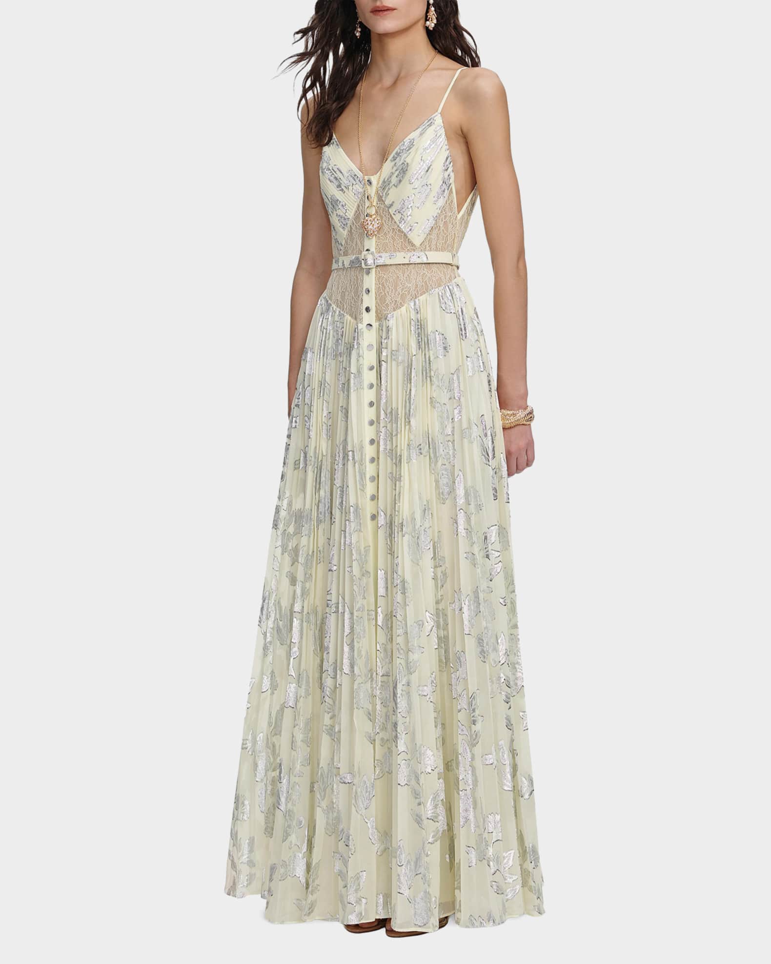 Self-Portrait Pleated Metallic Floral Maxi Dress | Neiman Marcus