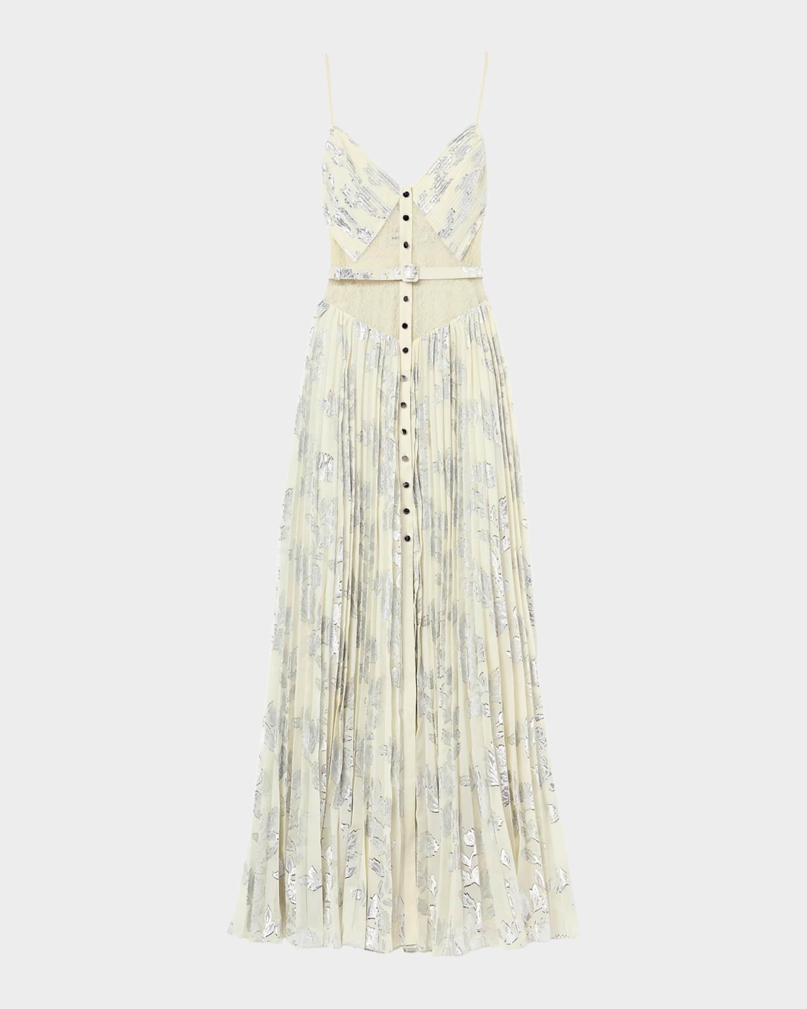 strapless open back dress Yellow Viscose Pleated Lace Midi Dress – self-portrait-US main image 1